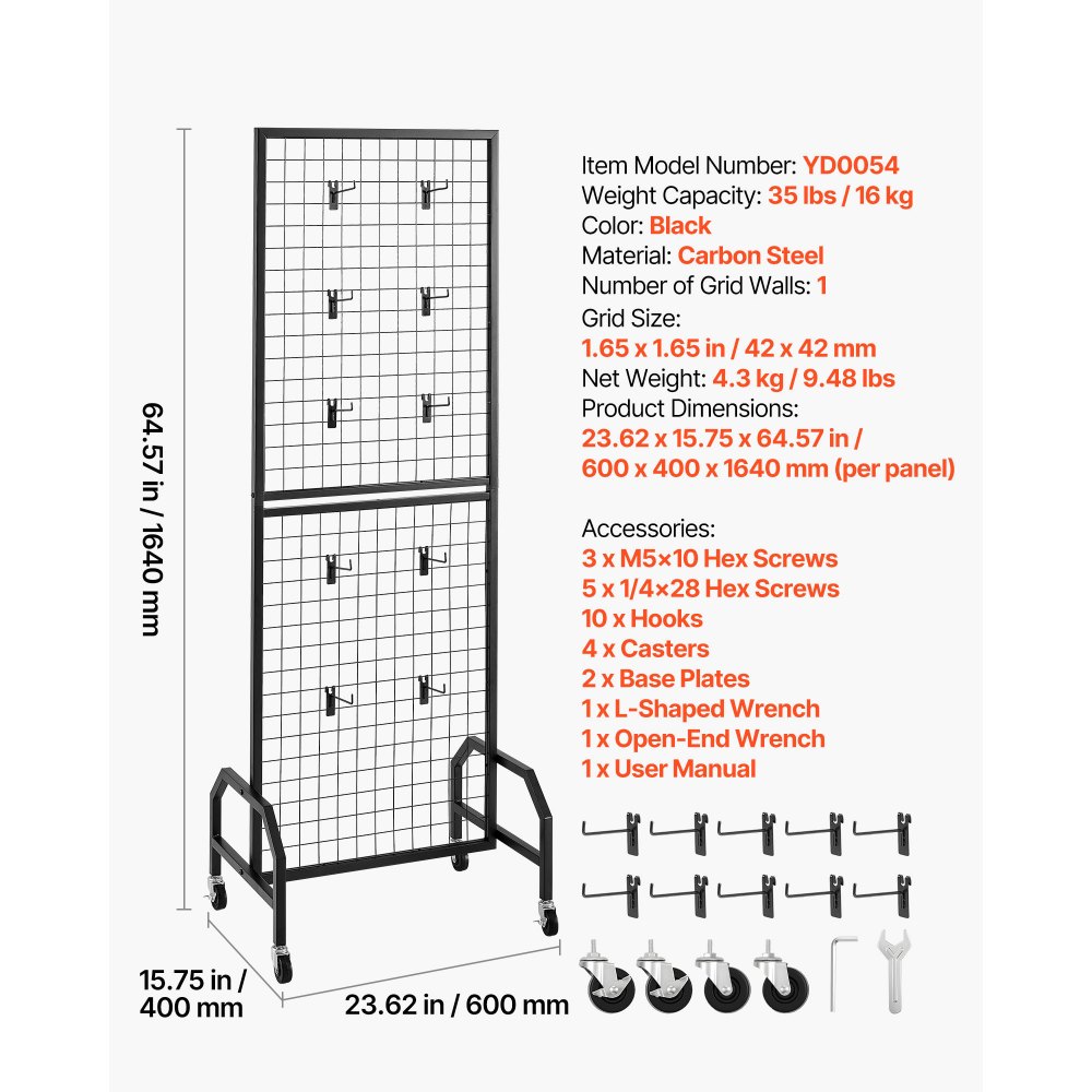 VEVOR Panele ścienne kratowe 60 x 164 cm 1 szt. Stojak ekspozycyjny z 10 haczykami, półki ze stali węglowej, półka wystawowa do przechowywania dekoracji, kolor czarny