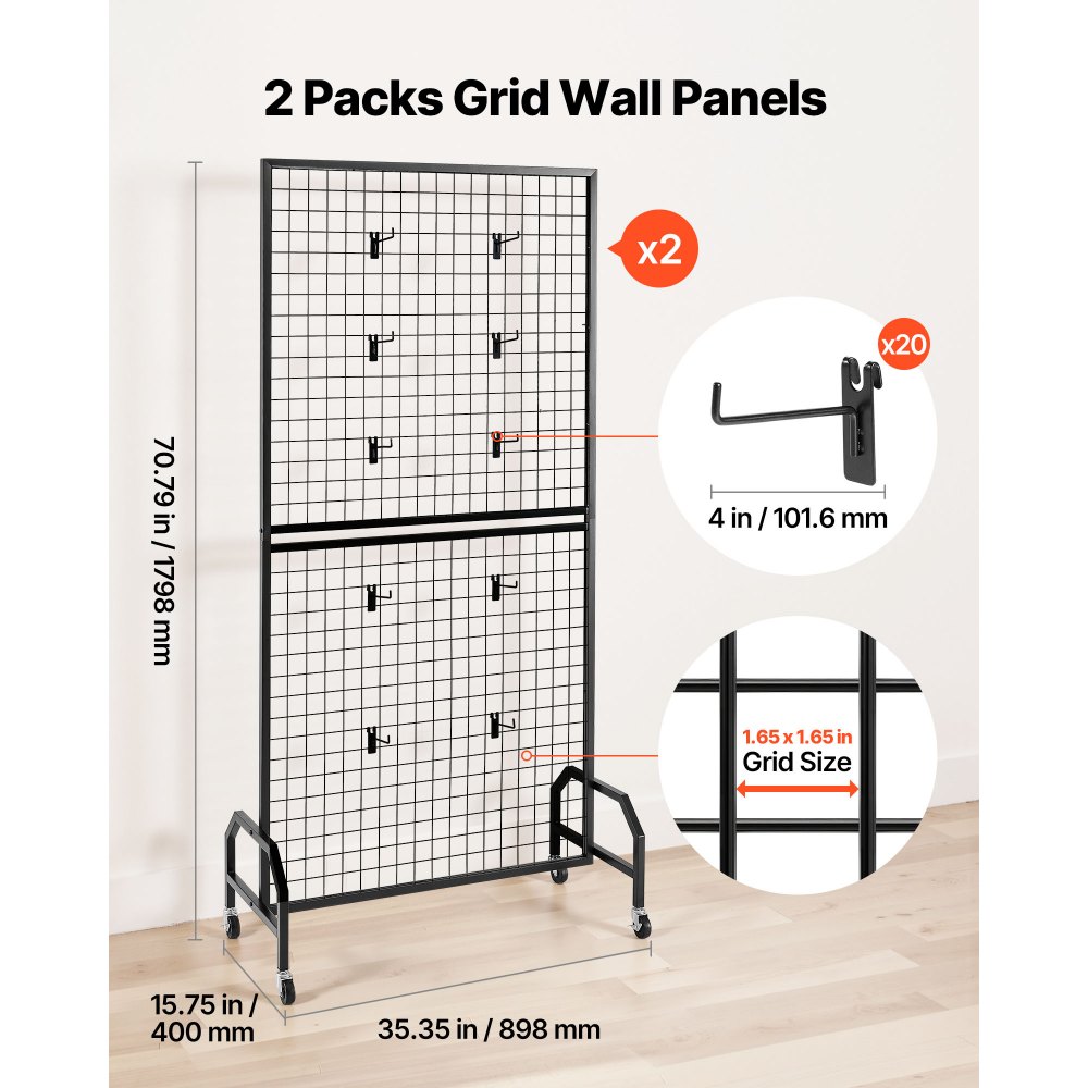 Panele ścienne VEVOR Grid Wall (898 x 400 x 1798 mm) 2 szt. Stojak ekspozycyjny z 20 haczykami, półki ze stali węglowej, stojak wystawowy do przechowywania dekoracji.