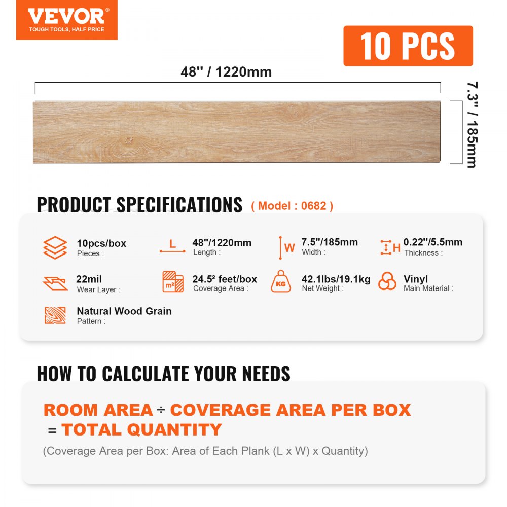 VEVOR Flooring, płytki podłogowe winylowe 1220 x 185 mm, 10 sztuk, grubość 5,5 mm, łączone na zatrzaski, naturalny kolor drewna, podłoga DIY do kuchni, jadalni, sypialni i łazienki