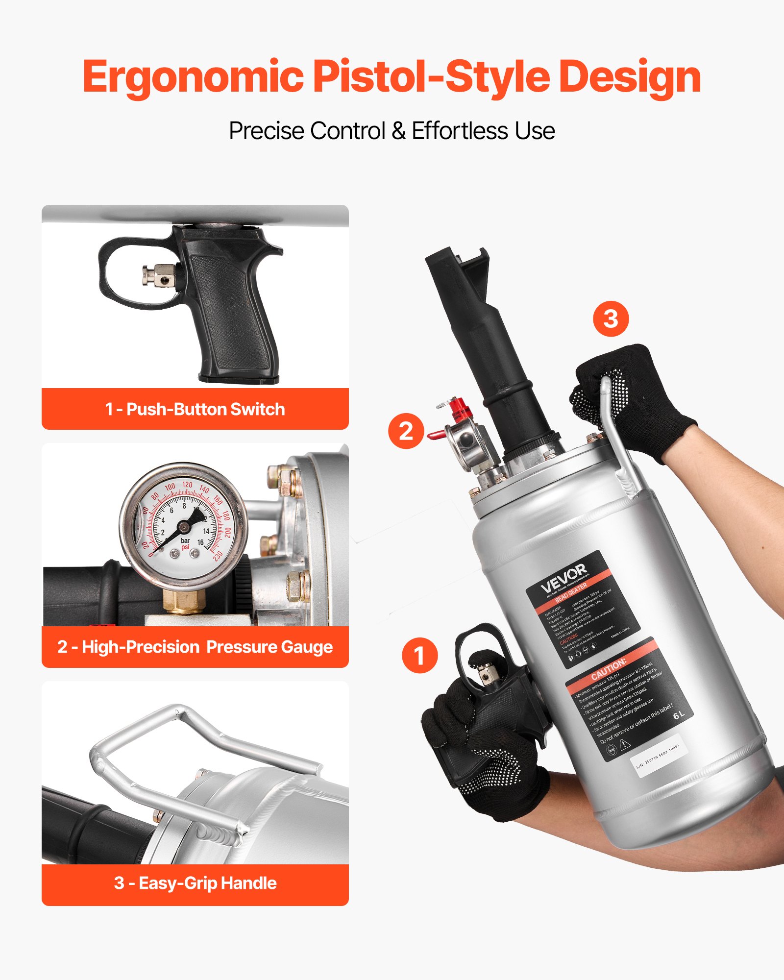 VEVOR Tire Bead Blaster 6 l Air Tire Bead Blaster Ręczne narzędzie do pompowania opon, ulepszona przenośna pompa do opon, 0,6-0,8 MPa do małych samochodów, motocykli, rowerów elektrycznych, srebrna