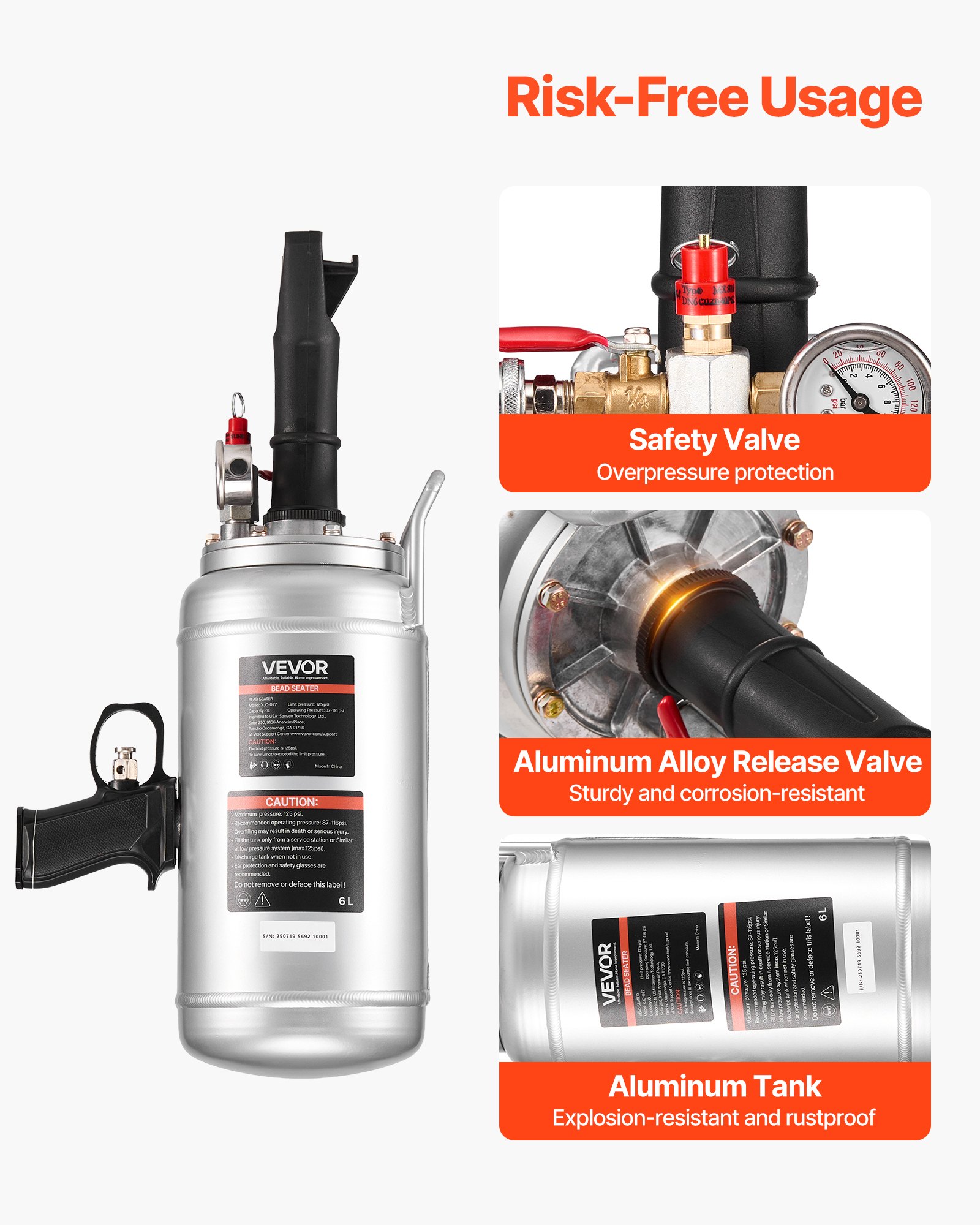 VEVOR Tire Bead Blaster 6 l Air Tire Bead Blaster Ręczne narzędzie do pompowania opon, ulepszona przenośna pompa do opon, 0,6-0,8 MPa do małych samochodów, motocykli, rowerów elektrycznych, srebrna