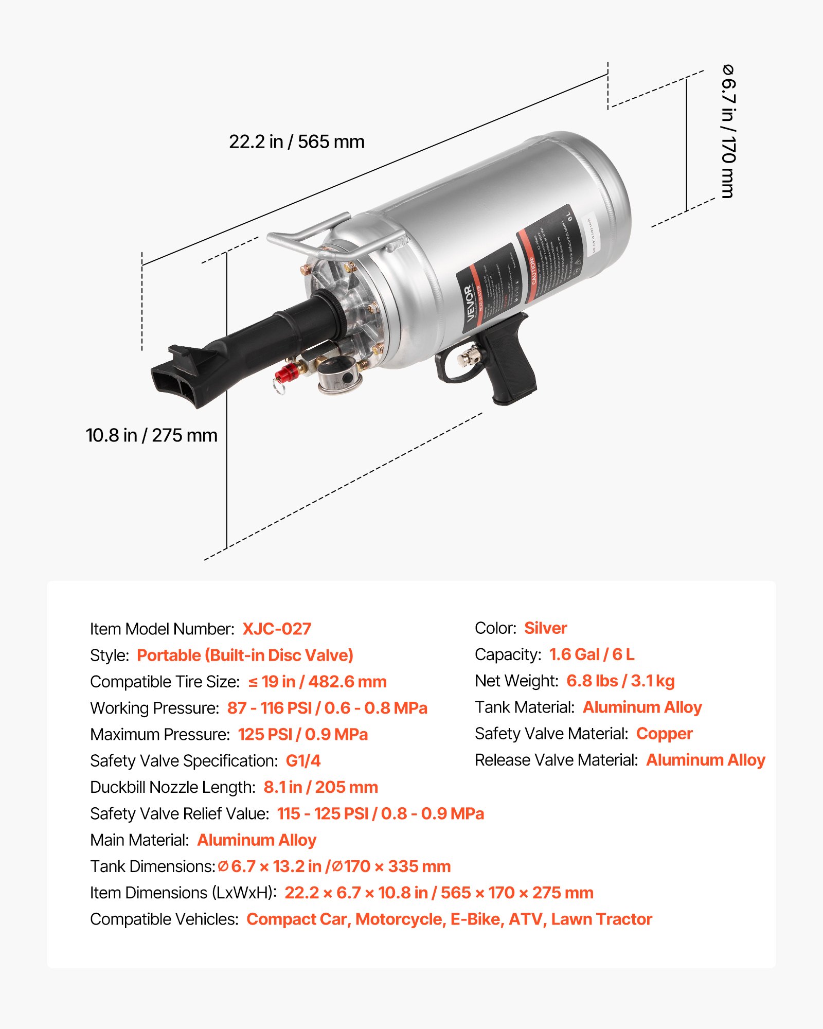 VEVOR Tire Bead Blaster 6 l Air Tire Bead Blaster Ręczne narzędzie do pompowania opon, ulepszona przenośna pompa do opon, 0,6-0,8 MPa do małych samochodów, motocykli, rowerów elektrycznych, srebrna