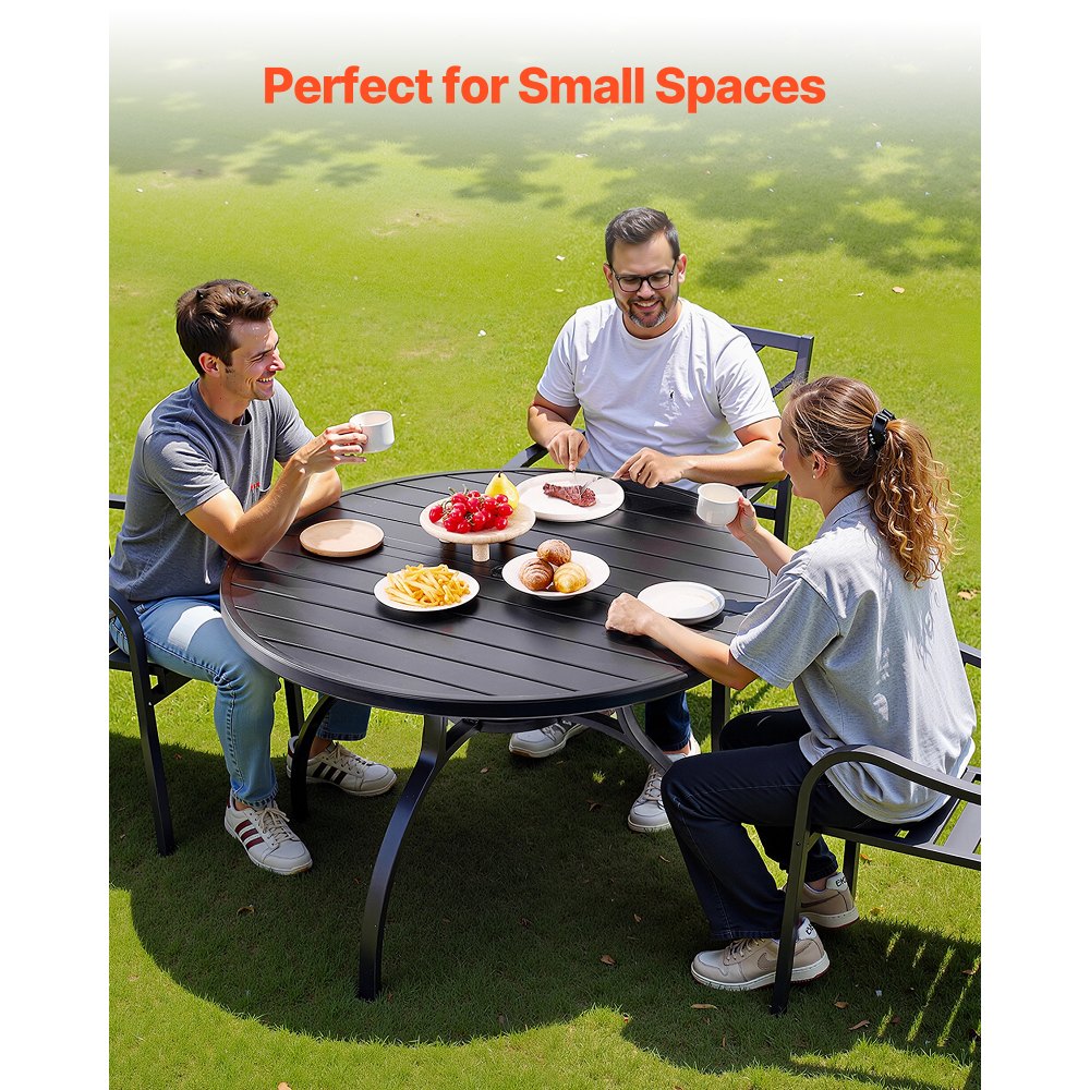 VEVOR Outdoor Patio Dining Table, 120cm Round Metal Steel Slat Backyard Bistro Tables, with 38mm Umbrella Hole, Outside All-Weather Large Furniture for Lawn Garden Porch, Black