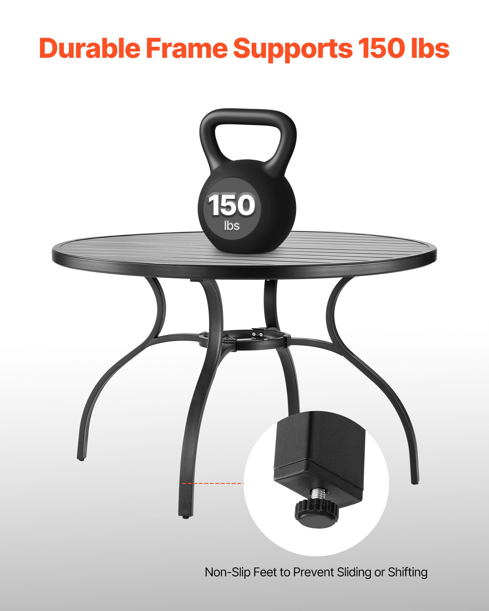 VEVOR Outdoor Patio Dining Table, 120cm Round Metal Steel Slat Backyard Bistro Tables, with 38mm Umbrella Hole, Outside All-Weather Large Furniture for Lawn Garden Porch, Black