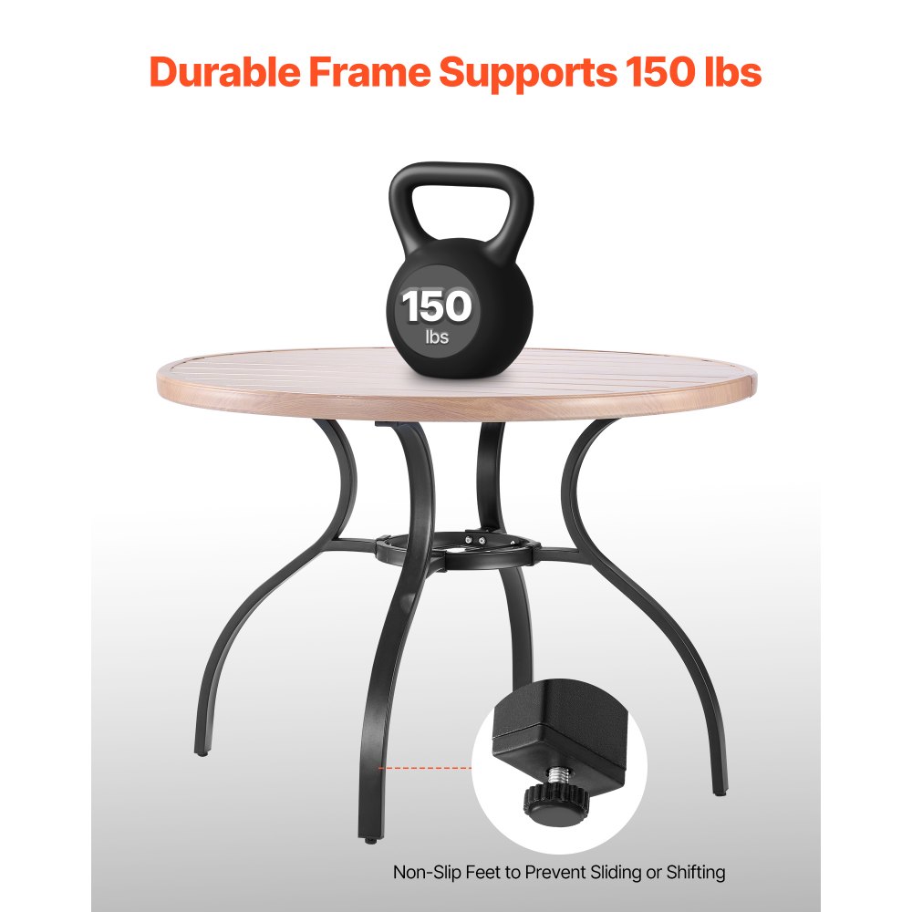 Stół ogrodowy VEVOR, stół tarasowy, stół balkonowy (1035 x 720 mm) wykonany ze stali węglowej, okrągły stół jadalny na zewnątrz, do ogrodu, na patio, na werandę, wodoodporny, z otworem na parasol i wzorem słojów drewna, nośność 68 kg