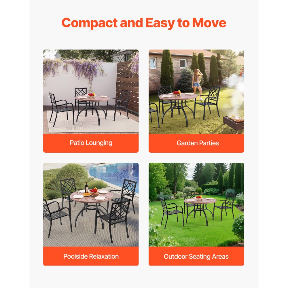 Stół ogrodowy VEVOR, stół tarasowy, stół balkonowy (1035 x 720 mm) wykonany ze stali węglowej, okrągły stół jadalny na zewnątrz, do ogrodu, na patio, na werandę, wodoodporny, z otworem na parasol i wzorem słojów drewna, nośność 68 kg