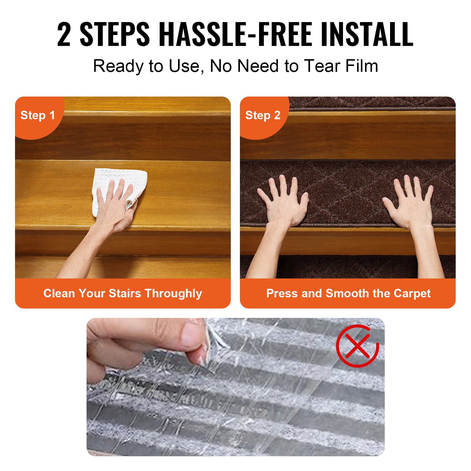 Maty na schody VEVOR Prostokątne maty na schody 716 x 232 mm Brązowe Opakowanie 15 szt. Dywan na schody Maty na schody Trwałe Łatwe w pielęgnacji Antypoślizgowy dywan na schody Mata na schody do użytku w pomieszczeniach Teksturowana