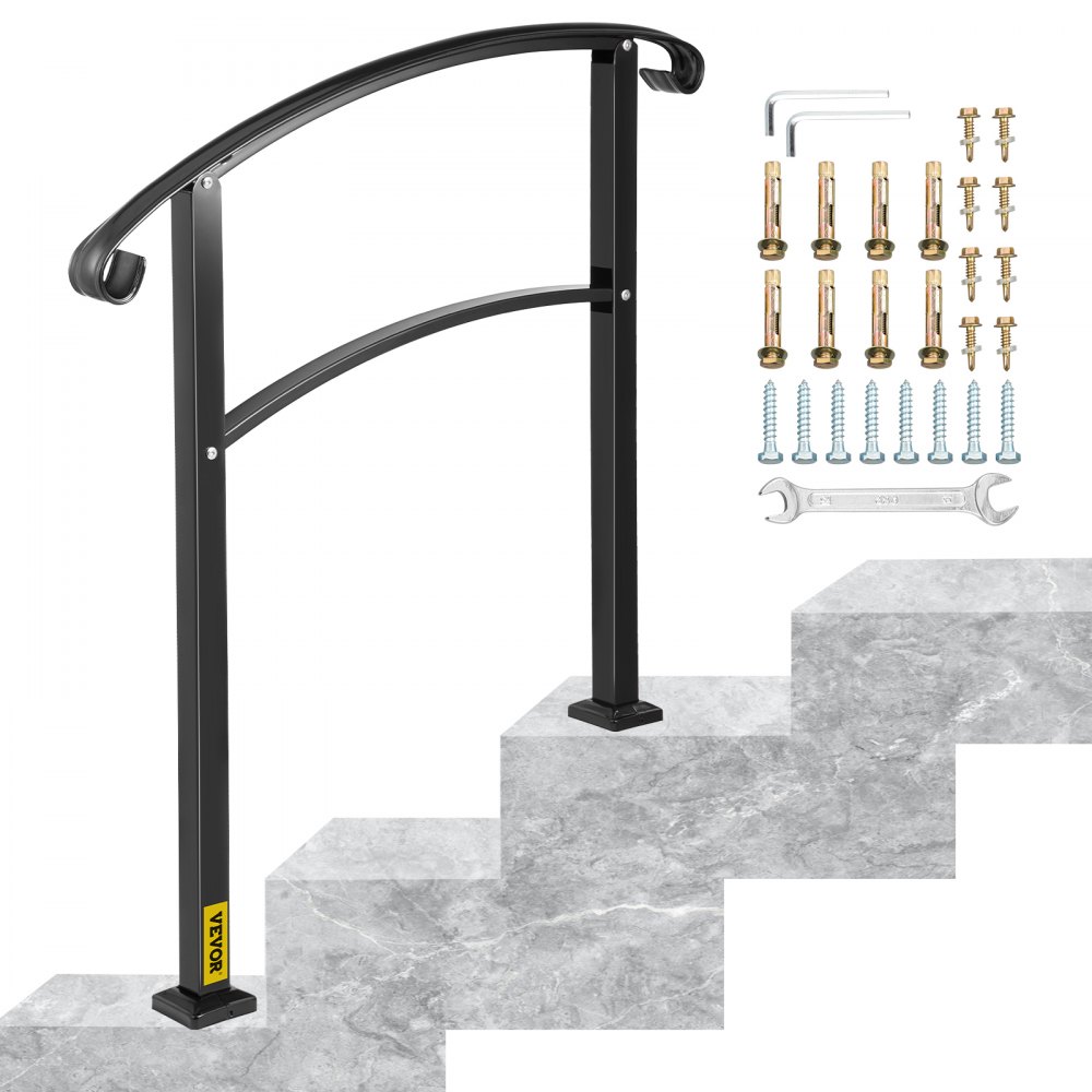 VEVOR 3-stopniowa poręcz schodowa do schodów zewnętrznych, odpowiednia dla 1 lub 3 stopni, matowa czerń, żelazna poręcz z zestawem montażowym, poręcze zewnętrzne