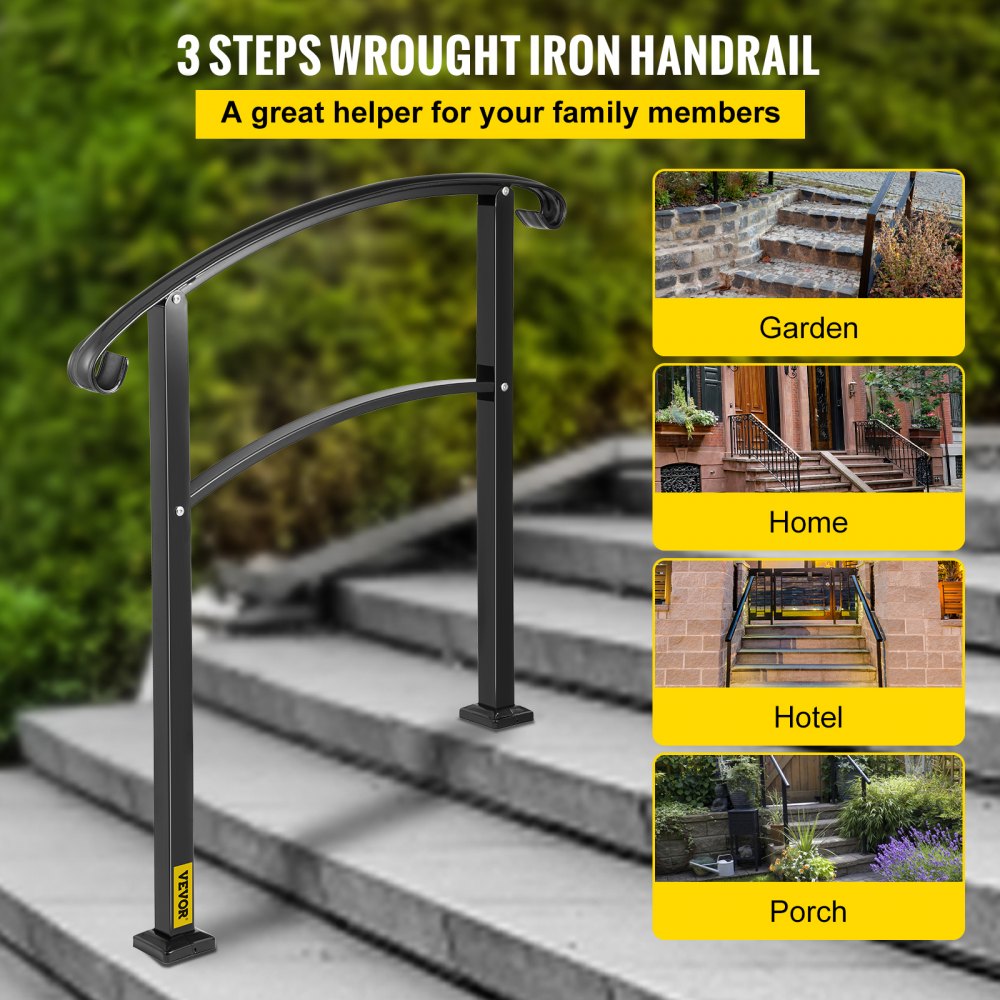 VEVOR 3-step stair railing for outdoor stairs, suitable for 1 or 3 steps, matte black, iron handrail with mounting kit, outdoor step handrails