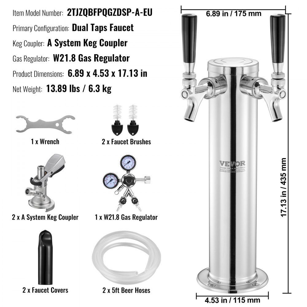 Zestaw VEVOR Kegerator Tower, zestaw do konwersji piwa z dwoma kranami, stalowy dystrybutor piwa z podwójnym manometrem W21.8 i łącznikiem beczkowym A-System, tacka ociekowa na piwo na domowe imprezy