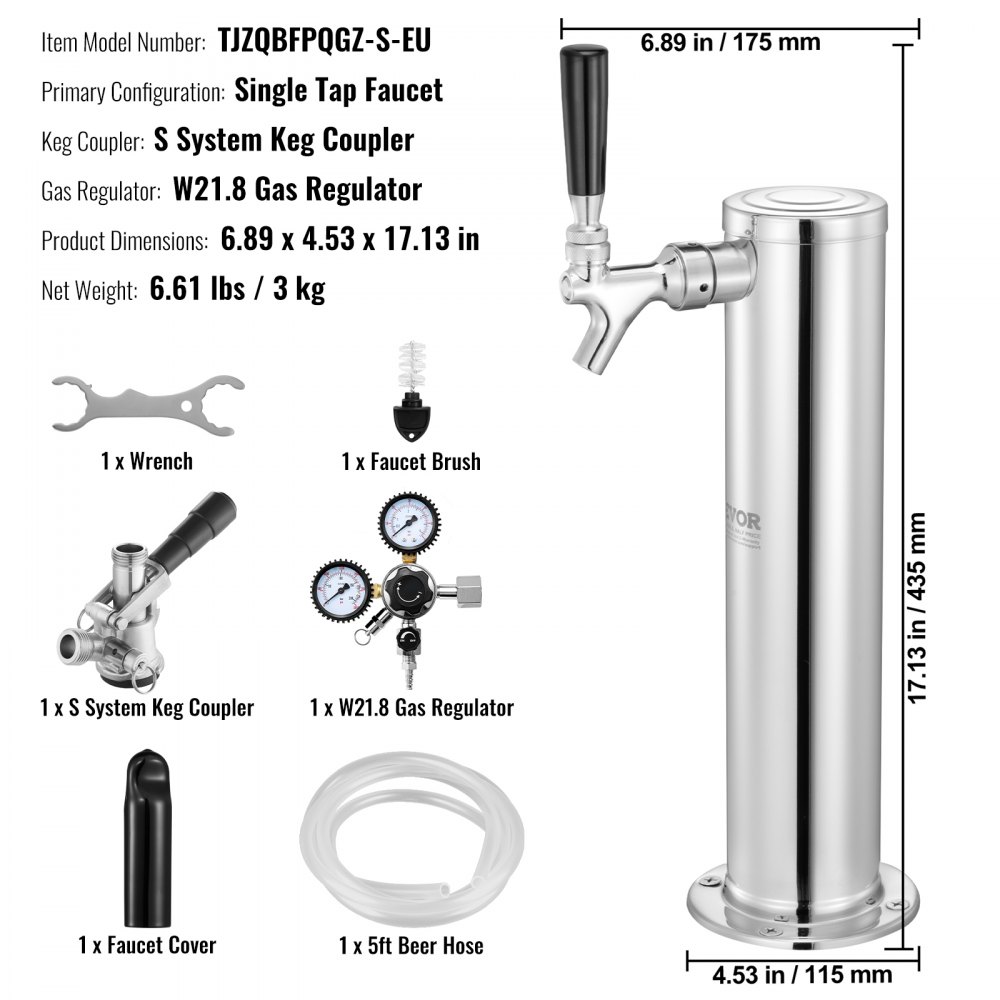 Zestaw VEVOR Kegerator Beer Tower, zestaw do konwersji piwa na jeden kran, system dozowania piwa w wieży beczkowej ze stali nierdzewnej z podwójnym manometrem W21.8 i złączem beczkowym S-System na imprezy domowe