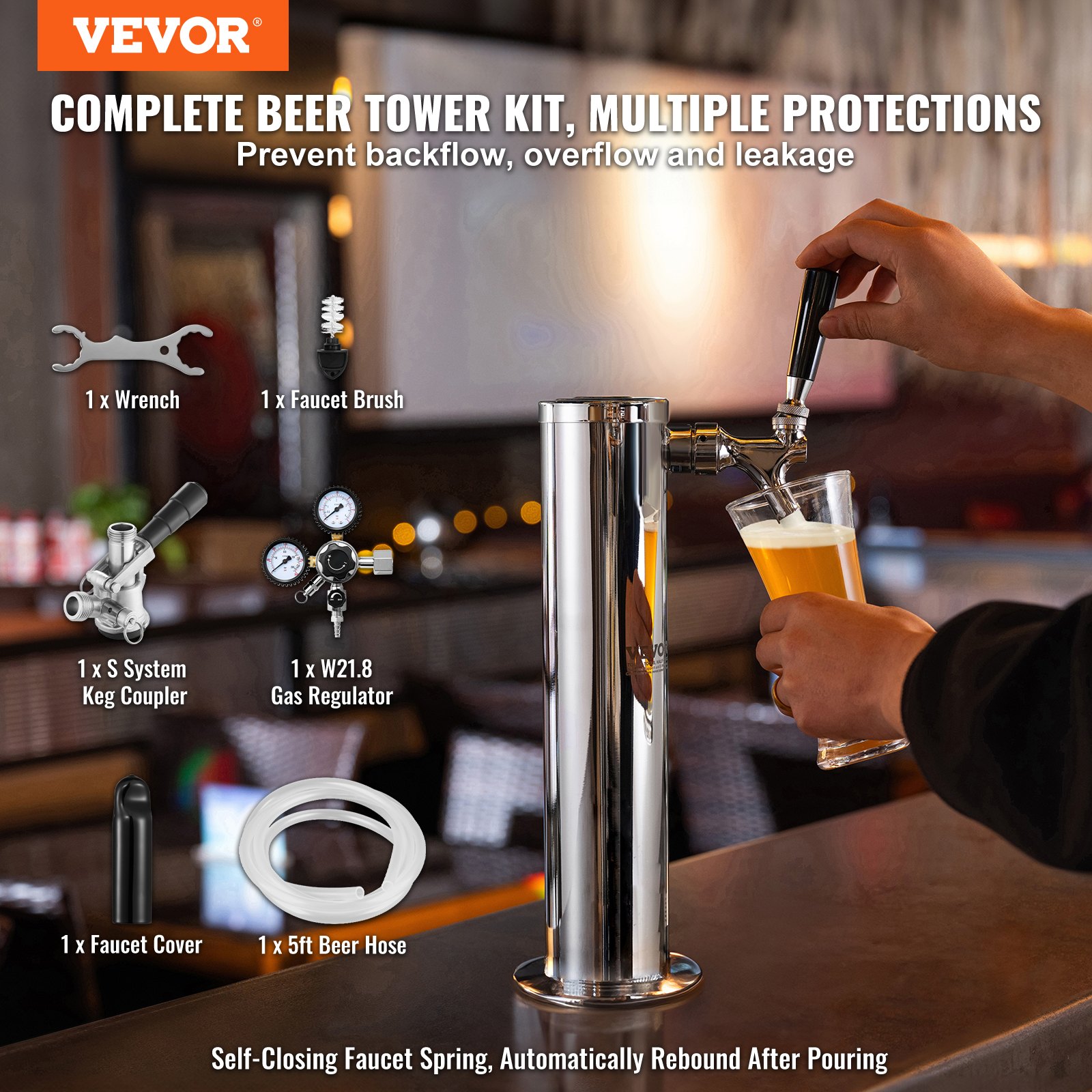 Zestaw VEVOR Kegerator Beer Tower, zestaw do konwersji piwa na jeden kran, system dozowania piwa w wieży beczkowej ze stali nierdzewnej z podwójnym manometrem W21.8 i złączem beczkowym S-System na imprezy domowe