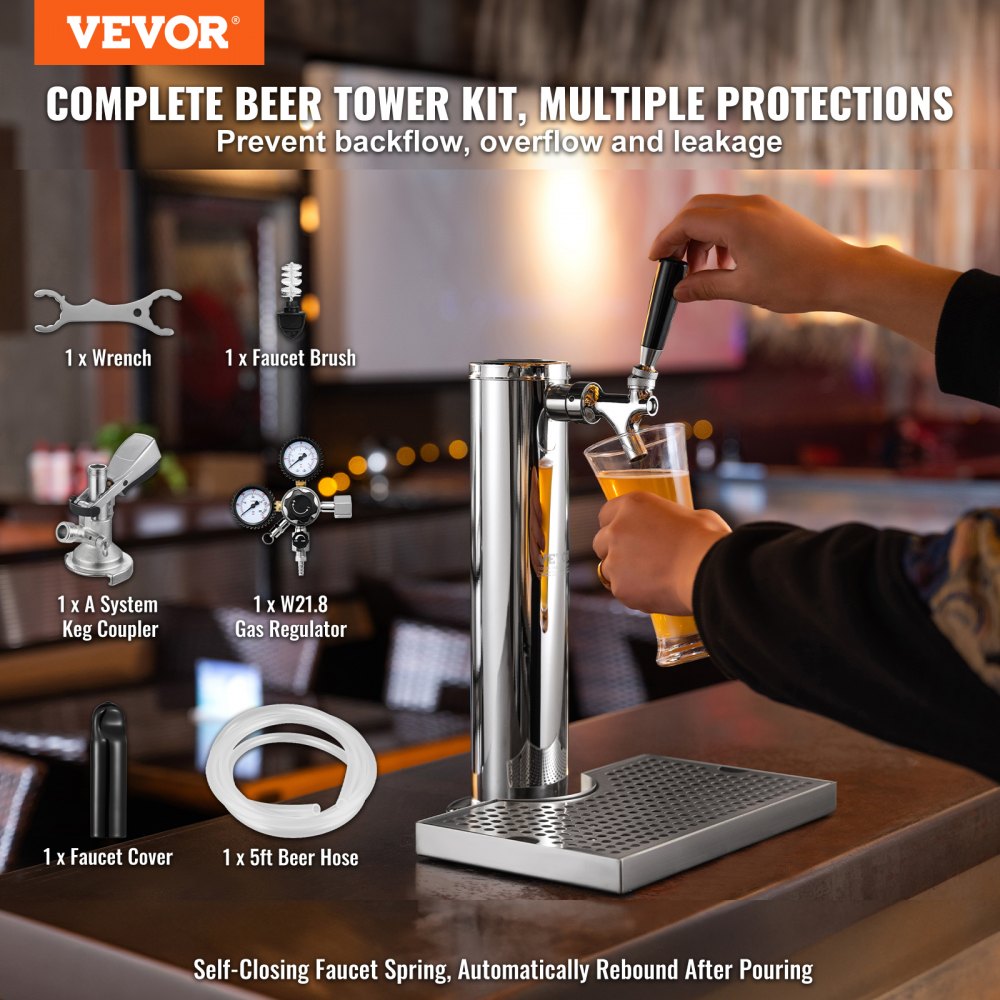 Zestaw VEVOR Kegerator Tower, zestaw do konwersji piwa na jeden kran, system dozowania piwa w wieży beczkowej ze stali nierdzewnej z podwójnym manometrem W21.8 i łącznikiem beczkowym A-System, tacka ociekowa na piwo na domowe imprezy