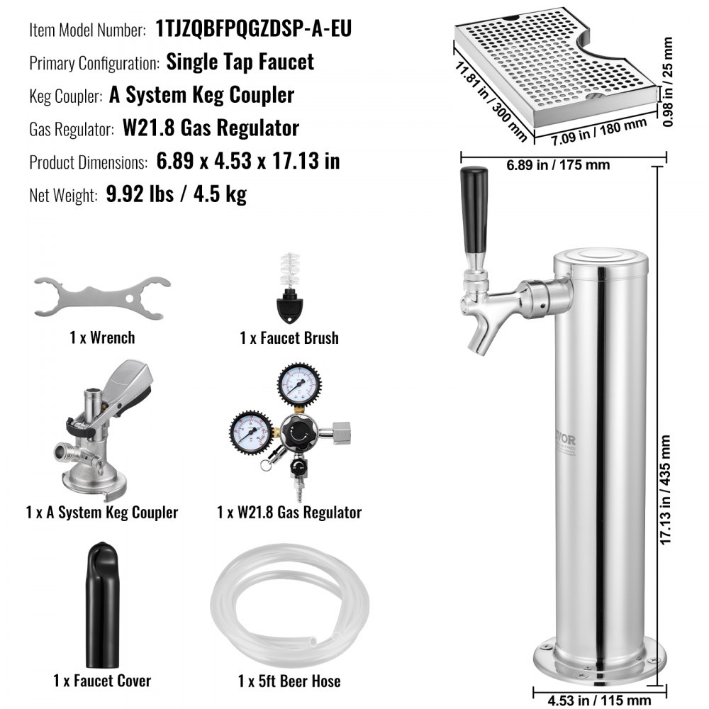 Zestaw VEVOR Kegerator Tower, zestaw do konwersji piwa na jeden kran, system dozowania piwa w wieży beczkowej ze stali nierdzewnej z podwójnym manometrem W21.8 i łącznikiem beczkowym A-System, tacka ociekowa na piwo na domowe imprezy