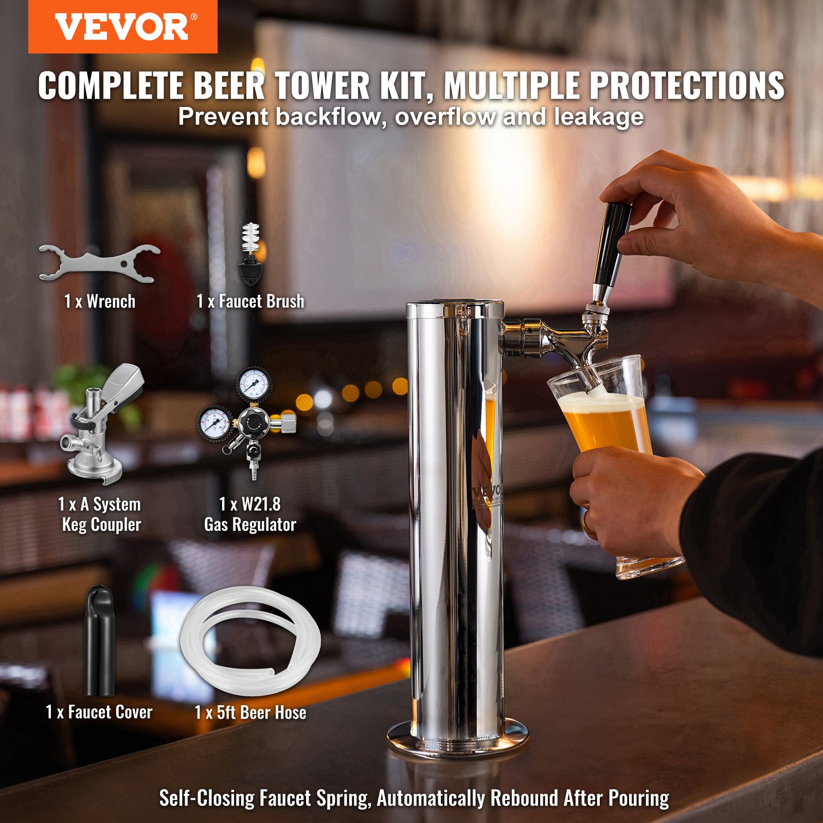 Zestaw VEVOR Kegerator Tower, zestaw do konwersji piwa na jeden kran, system dozowania piwa w wieży beczkowej ze stali nierdzewnej z podwójnym manometrem W21.8 i łącznikiem beczkowym A-System, tacka ociekowa na piwo na domowe imprezy