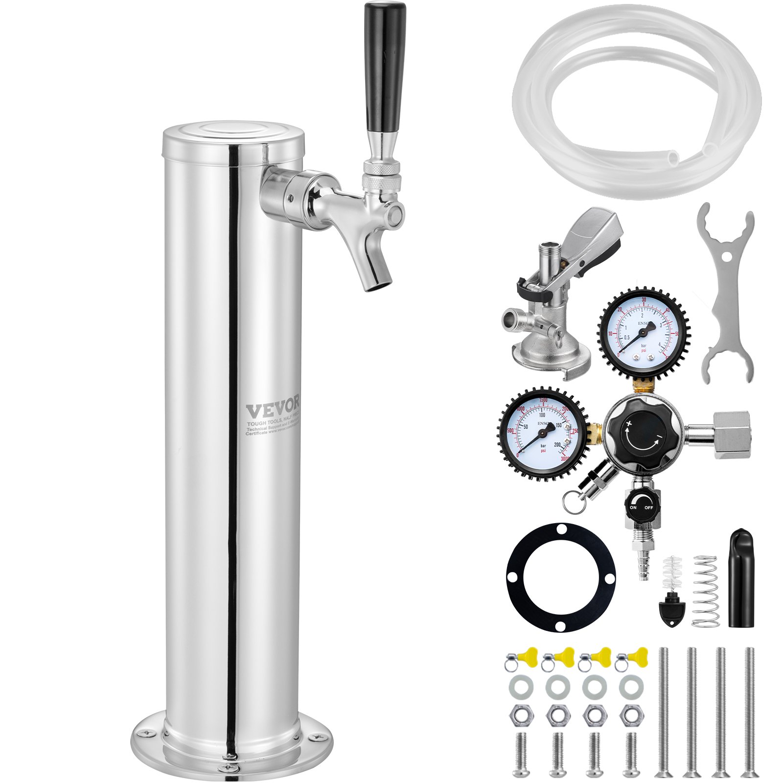 Zestaw VEVOR Kegerator Tower, zestaw do konwersji piwa na jeden kran, system dozowania piwa w wieży beczkowej ze stali nierdzewnej z podwójnym manometrem W21.8 i łącznikiem beczkowym A-System, tacka ociekowa na piwo na domowe imprezy