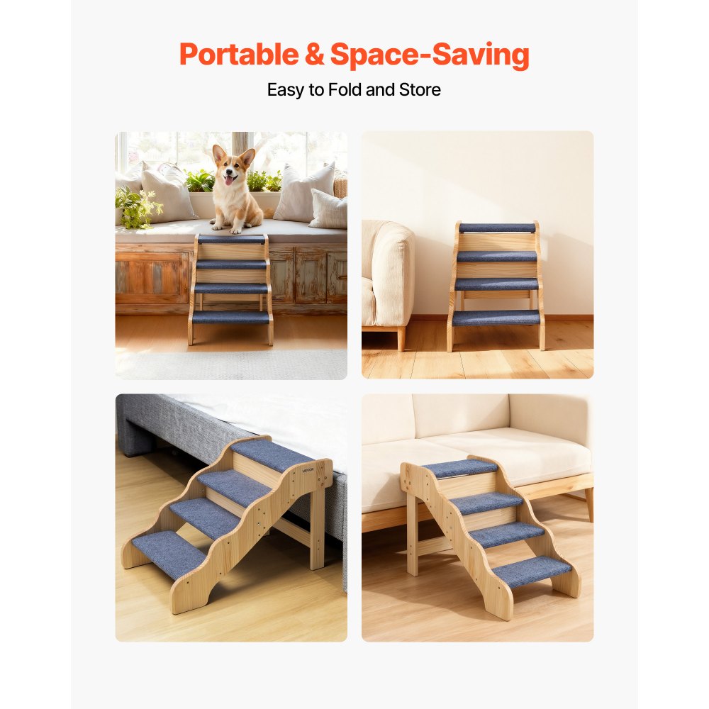 Schody dla psa VEVOR 740x430x500 mm, 4-stopniowe schody dla zwierząt, składane drewniane schody odpowiednie dla małych, średnich, dużych i starszych zwierząt, a także szczeniąt do 68 kg, drabinka dla psa do łóżka, sofy i samochodu