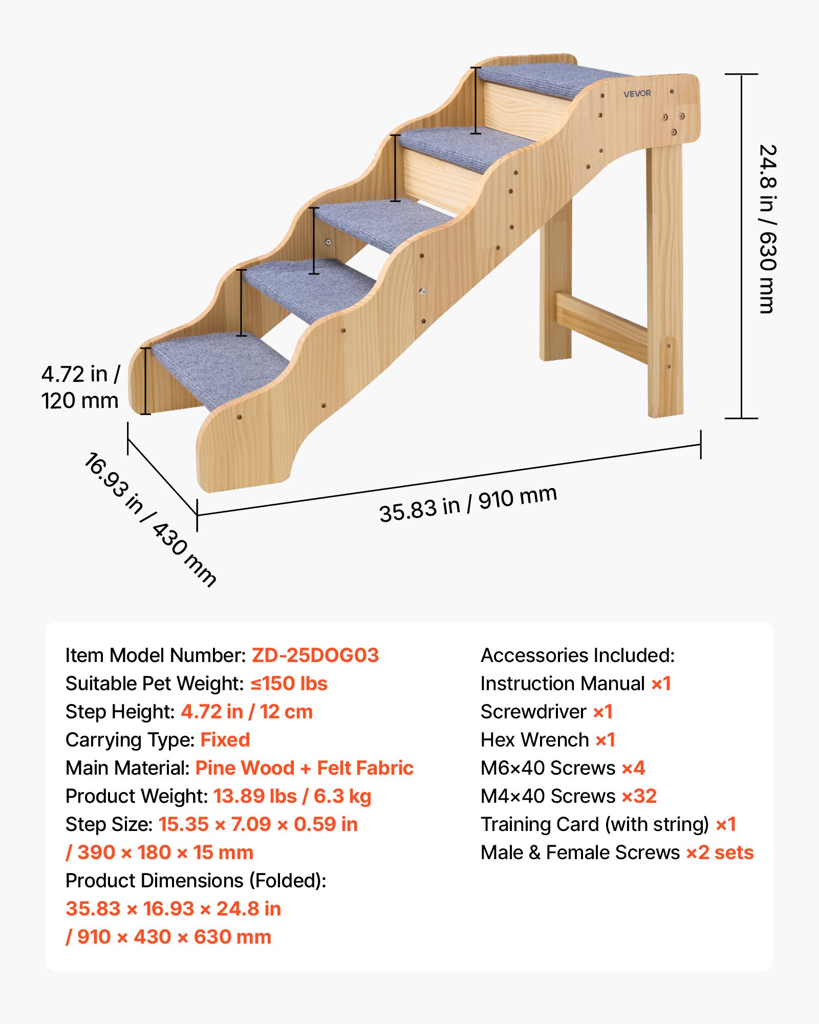 Schody dla psa VEVOR 910x430x630 mm, 5-stopniowe schody dla zwierząt, drewniane schody odpowiednie dla małych, średnich, dużych i starszych zwierząt, a także szczeniąt do 68 kg, drabinka dla psa do łóżka, sofy i samochodu