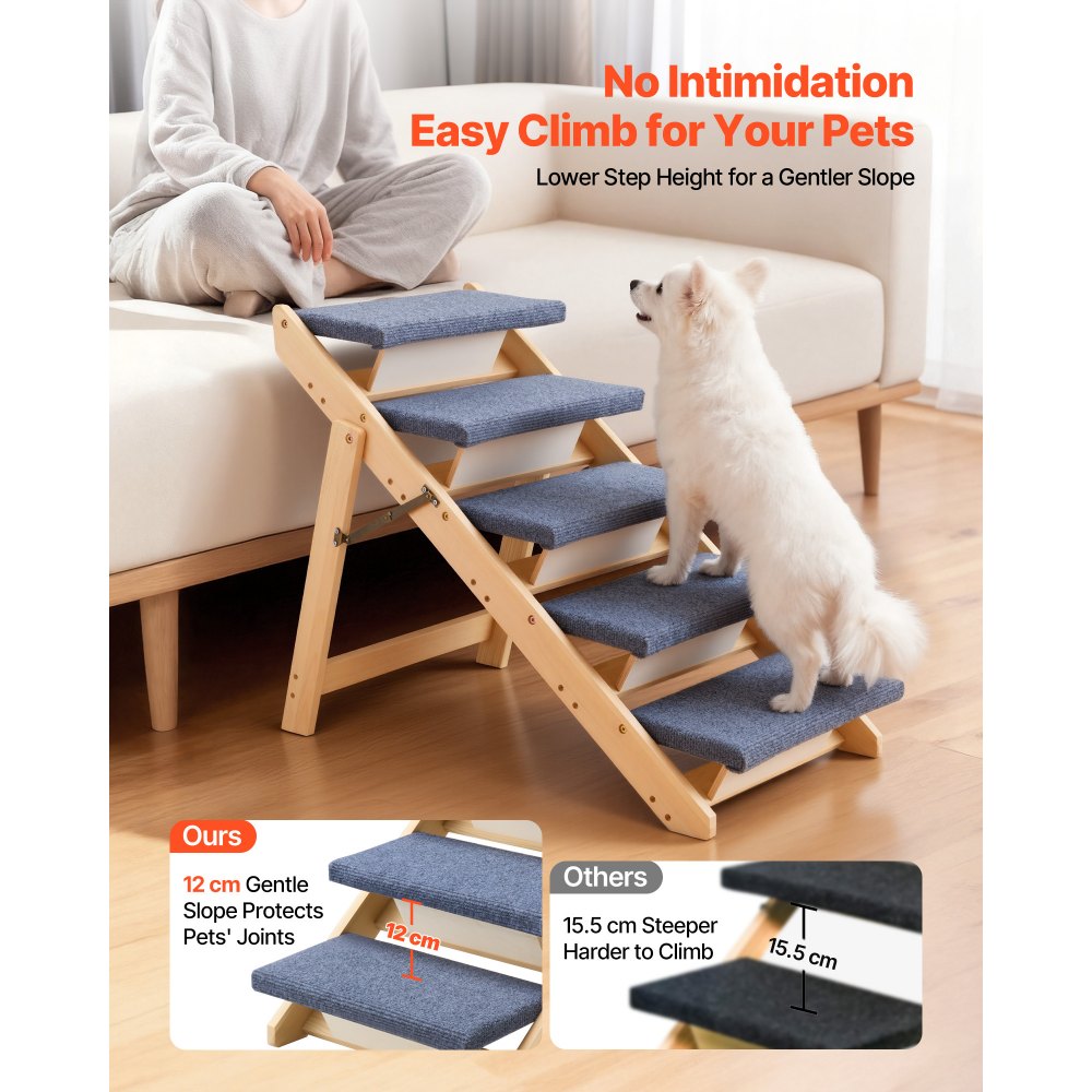 VEVOR Wood Pet Stairs, 5-Step Dog Stairs for Beds, Sofa & Cars, 68 kg Load Capacity, Floded Flat Design, Stable & Sturdy Cat & Dog Step Ladder for Small Medium Large Older Pet Puppy Essentials