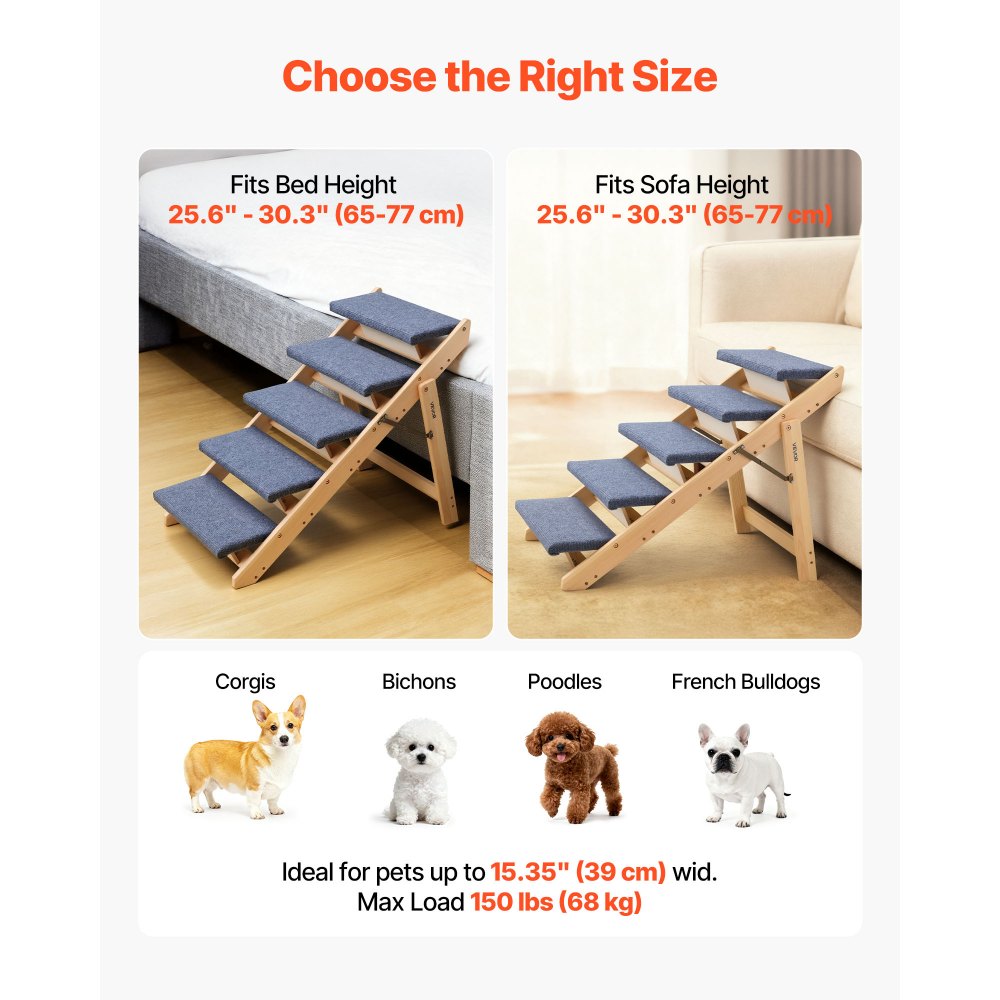 VEVOR Wood Pet Stairs, 5-Step Dog Stairs for Beds, Sofa & Cars, 68 kg Load Capacity, Floded Flat Design, Stable & Sturdy Cat & Dog Step Ladder for Small Medium Large Older Pet Puppy Essentials