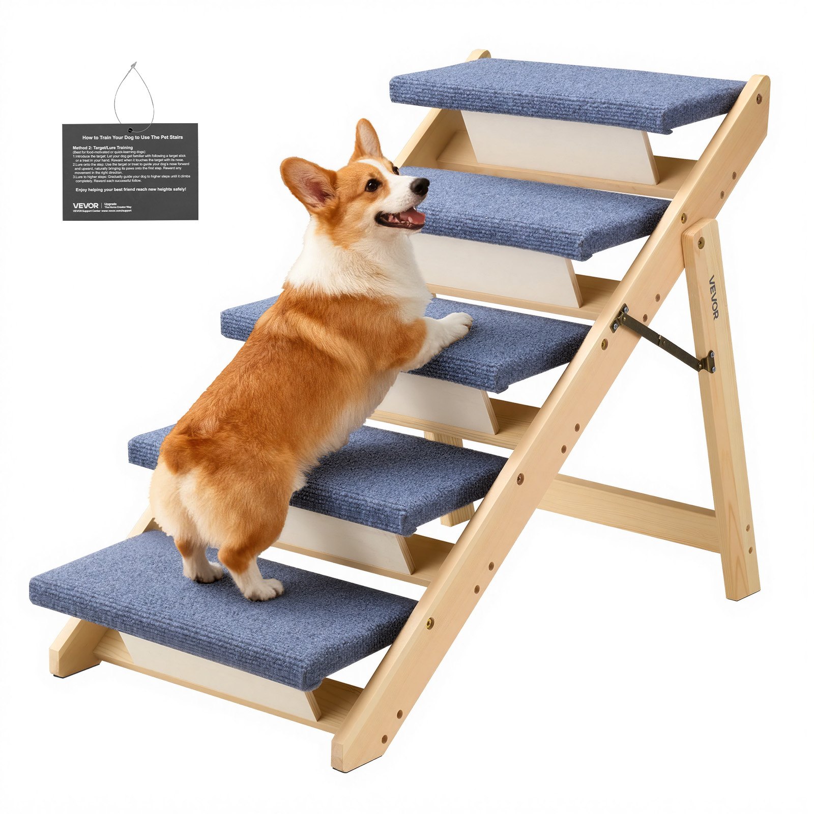 VEVOR Wood Pet Stairs, 5-Step Dog Stairs for Beds, Sofa & Cars, 68 kg Load Capacity, Floded Flat Design, Stable & Sturdy Cat & Dog Step Ladder for Small Medium Large Older Pet Puppy Essentials