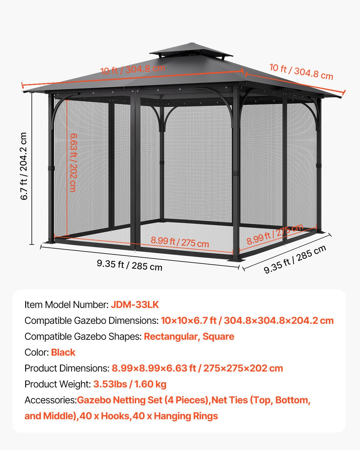 Moskitiera VEVOR do altan, zamiennik moskitiery, pasuje do altan o wymiarach 120" x 120" x 80", siatka przeciw owadom, zasłona do altan z 4 panelami, z podwójnym zamkiem błyskawicznym (TYLKO siatka)