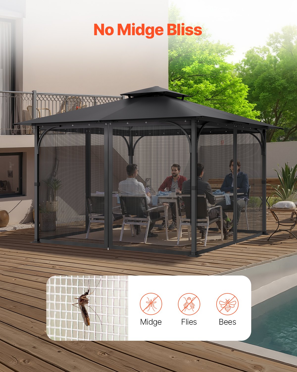 Moskitiera VEVOR do altan, zamiennik moskitiery, pasuje do altan o wymiarach 120" x 120" x 80", siatka przeciw owadom, zasłona do altan z 4 panelami, z podwójnym zamkiem błyskawicznym (TYLKO siatka)