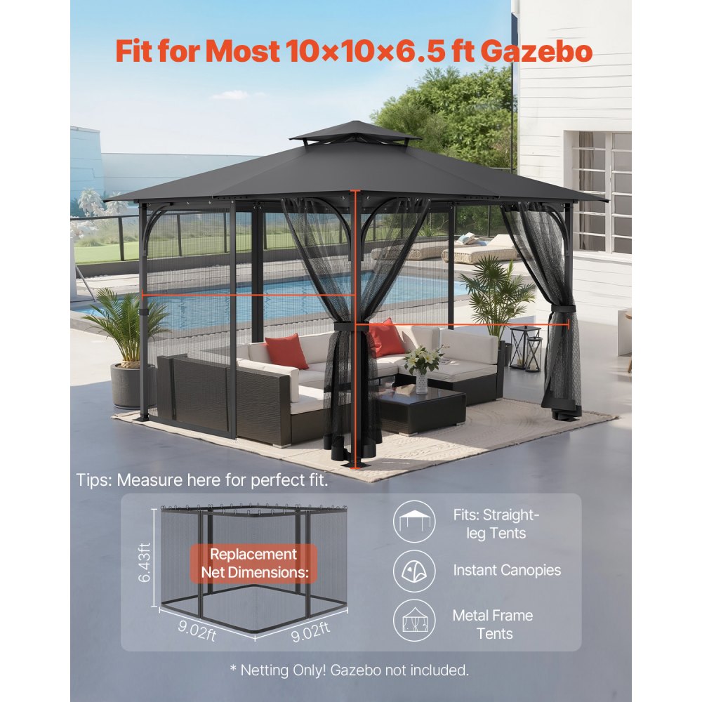 Moskitiera VEVOR do altan, zamiennik moskitiery, pasuje do altan o wymiarach 120" x 120" x 78", moskitiera, zasłona do altan z 4 panelami, z podwójnym zamkiem błyskawicznym (tylko siatka)
