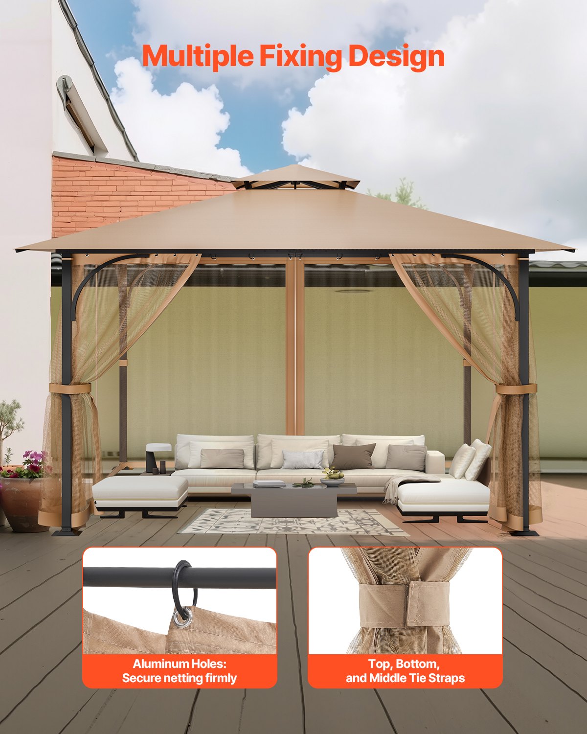 Moskitiera VEVOR do altan, zamiennik moskitiery, pasuje do altan o wymiarach 120" x 120" x 84", moskitiera, zasłona do altan z 4 panelami, z podwójnym zamkiem błyskawicznym (tylko siatka)