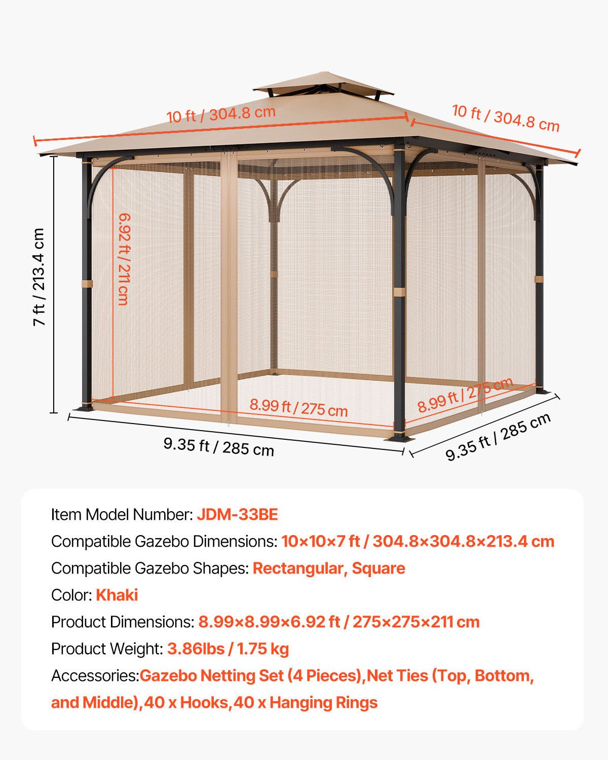 Moskitiera VEVOR do altan, zamiennik moskitiery, pasuje do altan o wymiarach 120" x 120" x 84", moskitiera, zasłona do altan z 4 panelami, z podwójnym zamkiem błyskawicznym (tylko siatka)