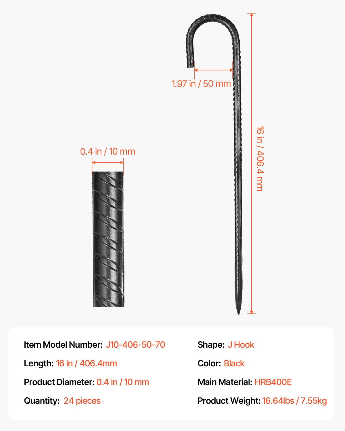 Kotwy gruntowe VEVOR, 406,4 mm, typu J o średnicy 10 mm, ocynkowane śledzie namiotowe, kotwy gruntowe, śledzie gruntowe, paliki, do namiotów, zadaszeń, kempingów, trampolin, stojaków na kwiaty (opakowanie 24 szt.)