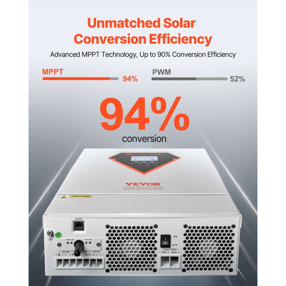 VEVOR Hybrydowy falownik solarny o mocy 6000 W, uniwersalny falownik sinusoidalny z ładowarką, 48 V DC do jednofazowego napięcia przemiennego 220/230 V AC, z wbudowanym regulatorem MPPT 120 A, do akumulatorów litowo-ołowiowych w systemach poza siecią elektroenergetyczną