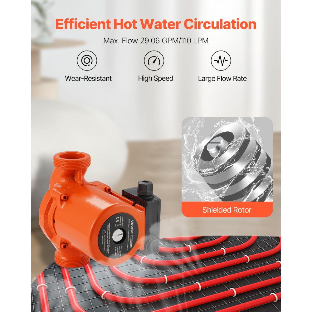 VEVOR LPS32-8S/180 Cast Iron Circulator Pump, 3/8 HP, 220-240V 110 LPM Hot Water Recirculating Circulation Pump, Threaded Connection, 3-Speed Adjustment, Quiet Operation, for Home Heating System
