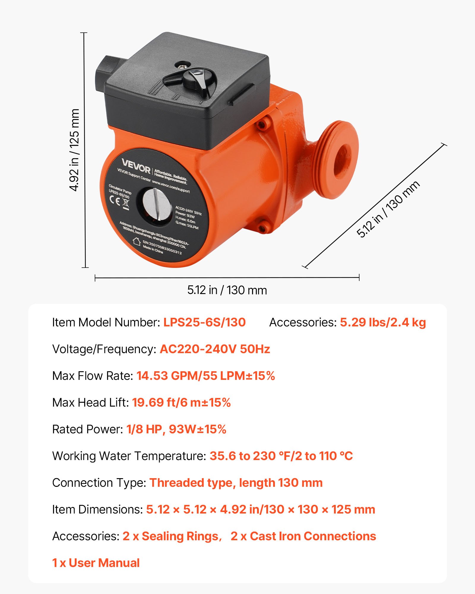 VEVOR Pompa obiegowa żeliwna LPS25-6S/130, 1/8 KM, 55 l/min, pompa obiegowa ciepłej wody, przyłącze gwintowane, 3-stopniowa regulacja prędkości, cicha praca, do domowych systemów ogrzewania
