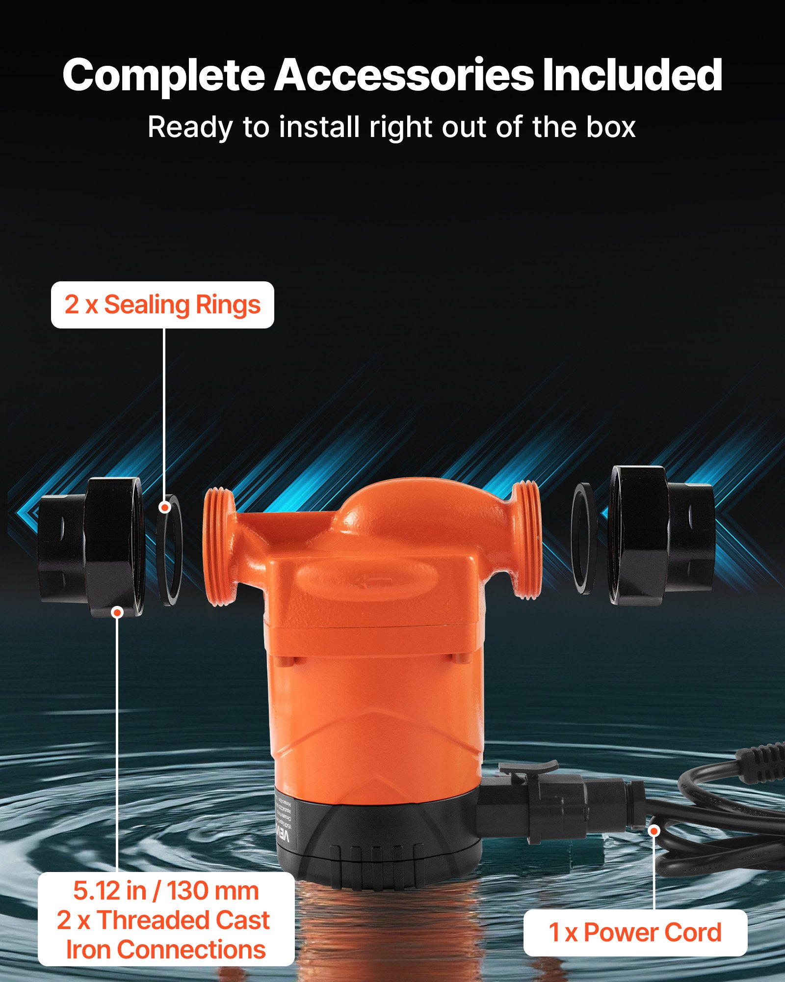 VEVOR LPS25-6BP/130 High Efficiency Circulator Pump, 58 LPM, 4 M Max Lift Cast Iron Hot Water Recirculating Circulation Pump, Threaded Connection, Check Valve, Quiet Operation, for Home Heating System