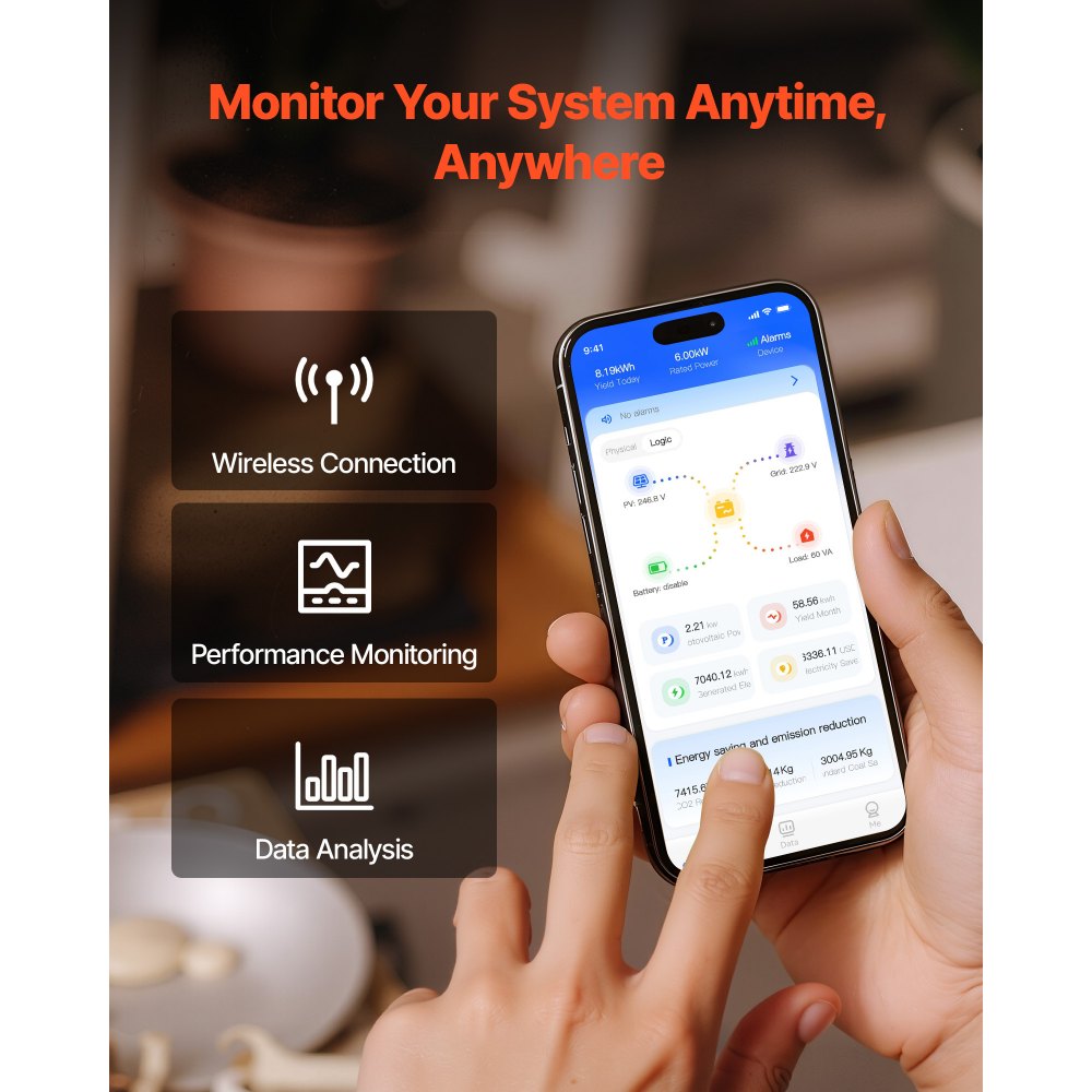 Falownik hybrydowy VEVOR 4000 W, 24 V DC do 230 V AC, ze zintegrowanym regulatorem ładowania słonecznego MPPT 120 A, moduł WLAN, jednofazowy, do akumulatorów kwasowo-ołowiowych/litowych poza siecią