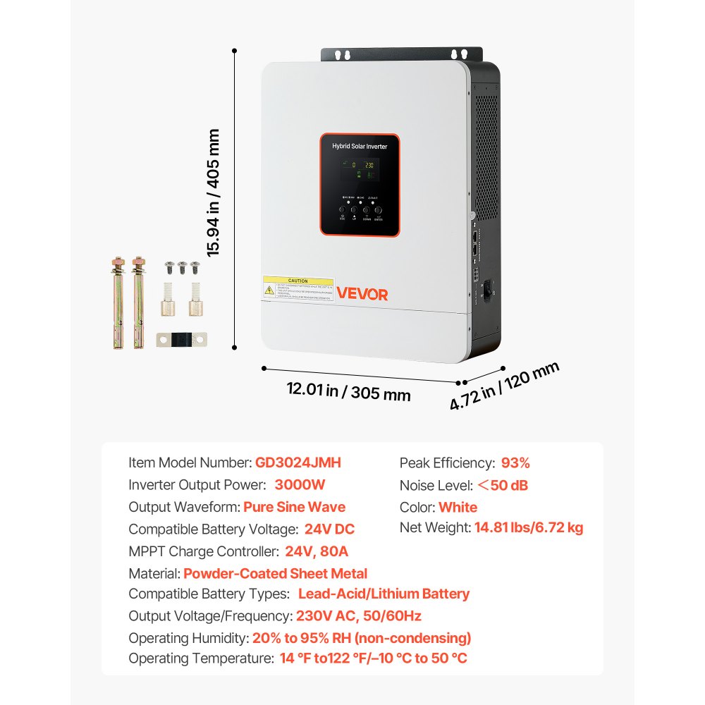 Falownik hybrydowy VEVOR 3000 W, 24 V DC do 230 V AC, ze zintegrowanym regulatorem ładowania słonecznego MPPT 80 A, kompatybilny z akumulatorami kwasowo-ołowiowymi i litowymi, do systemów domowych, kamperów i systemów poza siecią