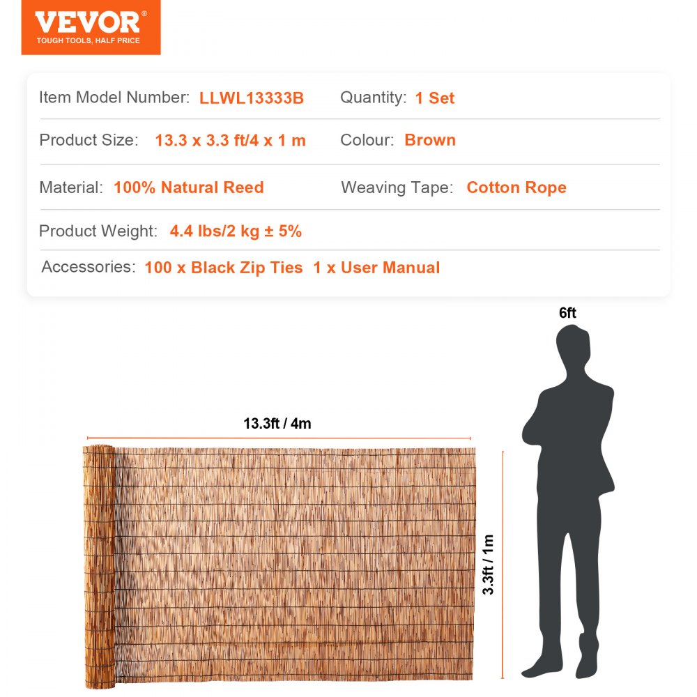 VEVOR Naturalny płot trzcinowy, 1,0 x 4,1 m, zasłona trzcinowa, rolowany płot trzcinowy na balkon, patio, dekoracyjny płot ogrodowy, przegroda, ekran prywatności, brązowy