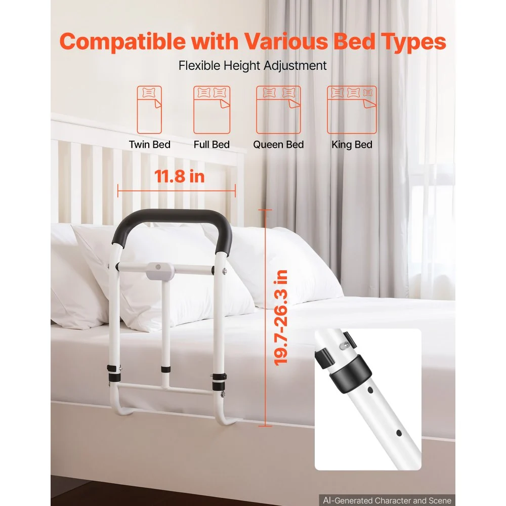 VEVOR Bed Rails for Elderly Adults 90.7kg Loading Bed Side Assist Rail, with Motion Sensor LED Light, Adjustable Height & Length, Non-Slip Handle, High-Strength Steel, Fit King Queen Full Twin Bed