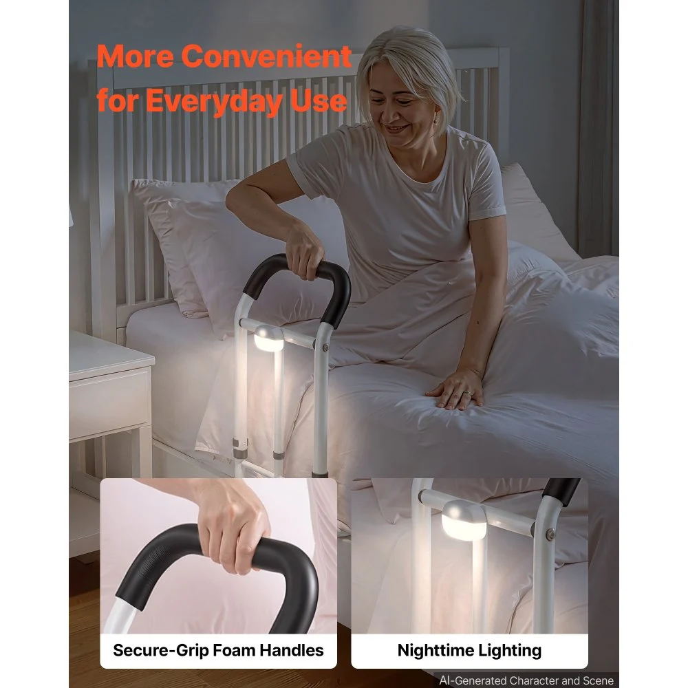 VEVOR Bed Rails for Elderly Adults 90.7kg Loading Bed Side Assist Rail, with Motion Sensor LED Light, Adjustable Height & Length, Non-Slip Handle, High-Strength Steel, Fit King Queen Full Twin Bed