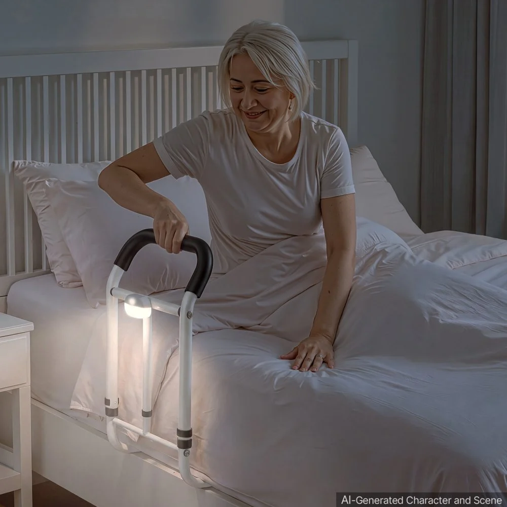 VEVOR Bed Rails for Elderly Adults 90.7kg Loading Bed Side Assist Rail, with Motion Sensor LED Light, Adjustable Height & Length, Non-Slip Handle, High-Strength Steel, Fit King Queen Full Twin Bed