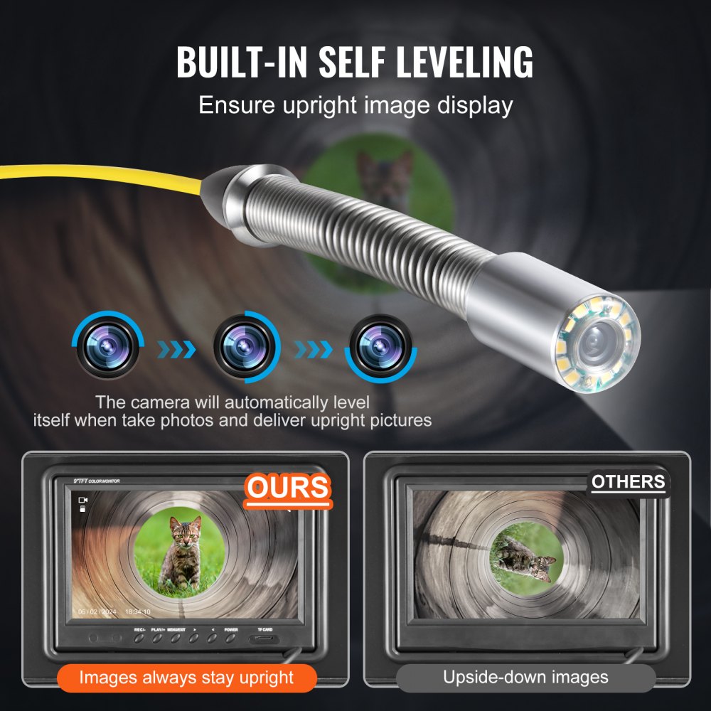 Kamera kanalizacyjna VEVOR z lokalizatorem 512 Hz, 50 m, 9-calowa kamera inspekcyjna do rur z samopoziomowaniem, 36-krotny zoom, endoskop z 12 diodami LED, karta 32 GB, wodoodporna kamera do rur kanalizacyjnych IP68
