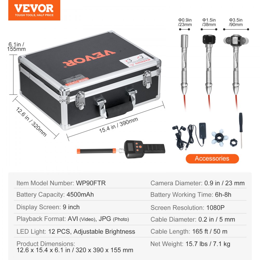Kamera kanalizacyjna VEVOR z lokalizatorem 512 Hz, 50 m, 9-calowa kamera inspekcyjna do rur z samopoziomowaniem, 36-krotny zoom, endoskop z 12 diodami LED, karta 32 GB, wodoodporna kamera do rur kanalizacyjnych IP68