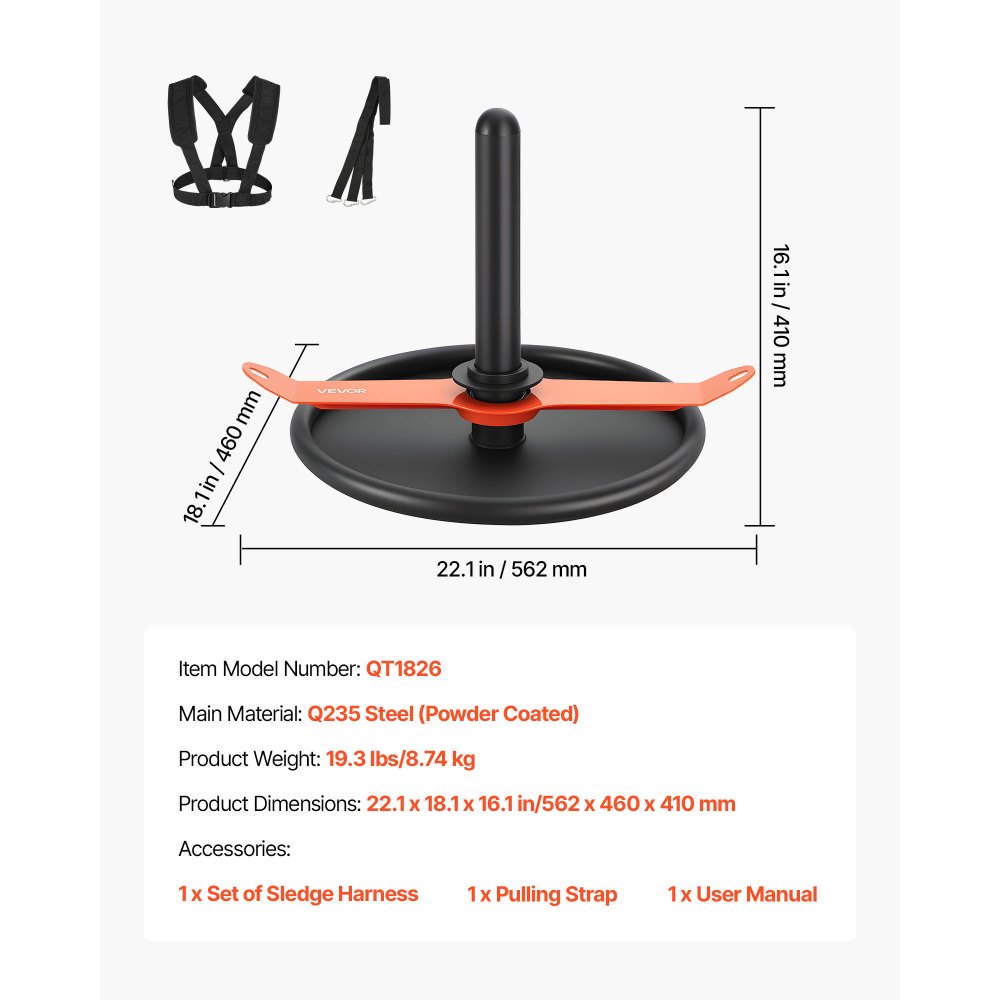 VEVOR Sanki treningowe Power Sled Sanki treningowe siłowe do poprawy szybkości w ćwiczeniach sportowych, sprzęt fitness z pasem, do talerzy o średnicy 51 mm, kolor pomarańczowy i czarny