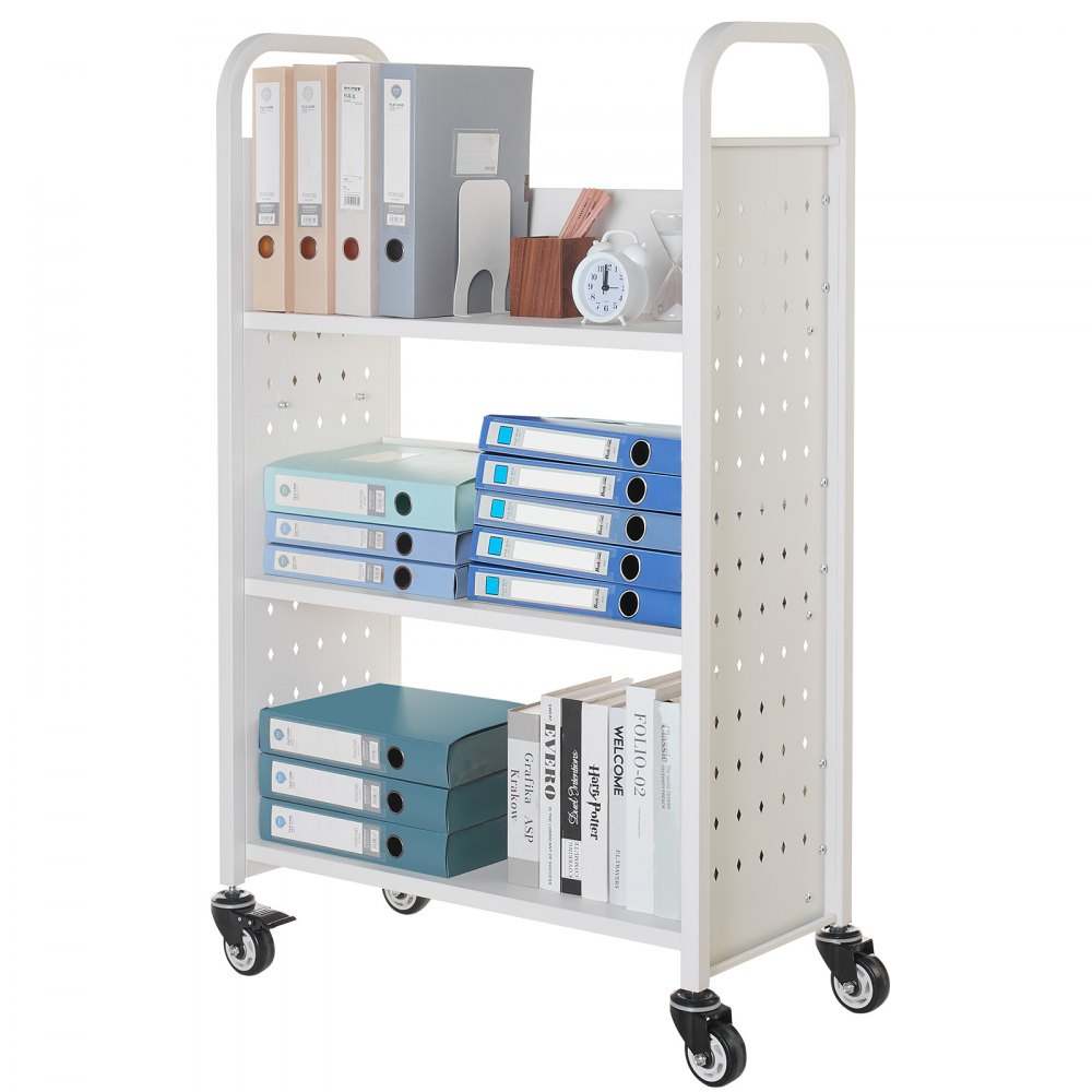 Wózek biblioteczny VEVOR, udźwig 150 kg, 77 x 38 x 122 cm, jednostronny regał w kształcie litery L z kółkami z podwójnym hamulcem, regał do salonu, biura, szkoły, biały