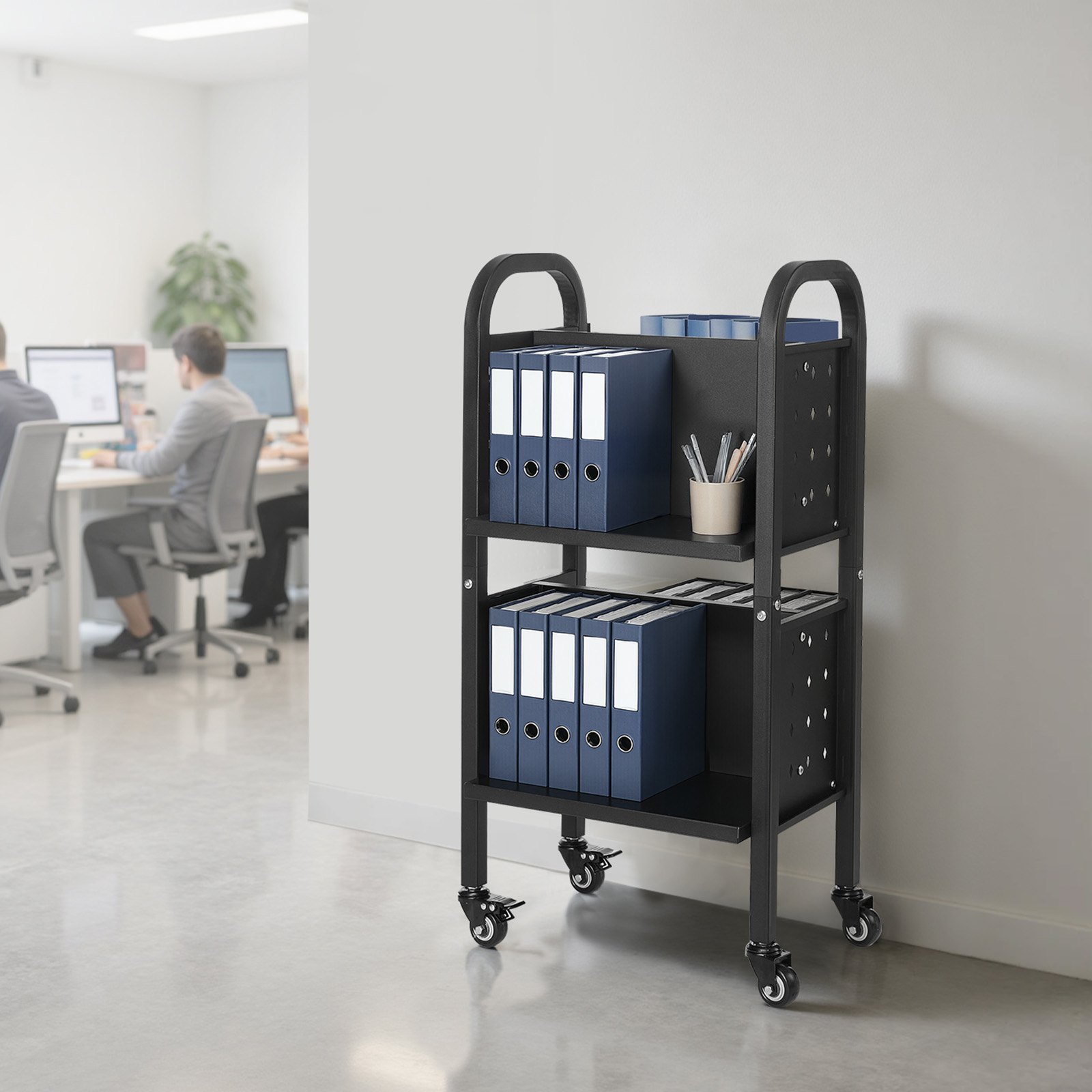 Wózek biblioteczny VEVOR, udźwig 70 kg, 45 x 33 x 88 cm, dwustronna półka na książki w kształcie litery L z podwójnymi kółkami hamulcowymi, wózek-półka do salonu, biura, szkoły, czarny