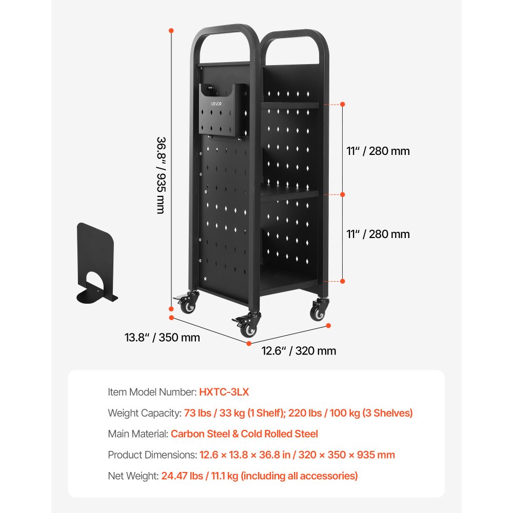 Wózek biblioteczny VEVOR, udźwig 100 kg, 32 x 35 x 93,5 cm, jednostronny regał w kształcie litery L z kółkami z podwójnym hamulcem, regał do salonu, biura, szkoły, czarny