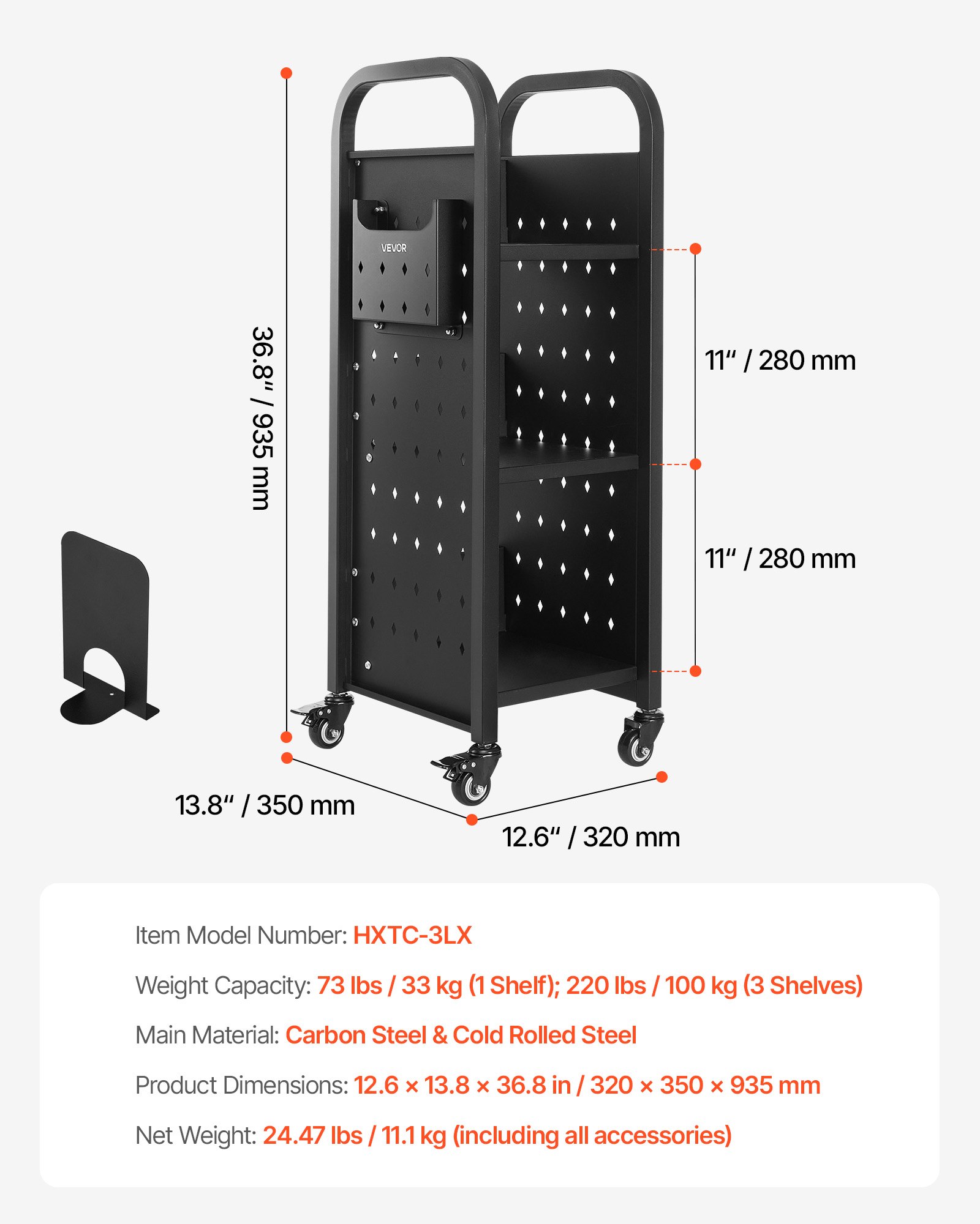 Wózek biblioteczny VEVOR, udźwig 100 kg, 32 x 35 x 93,5 cm, jednostronny regał w kształcie litery L z kółkami z podwójnym hamulcem, regał do salonu, biura, szkoły, czarny