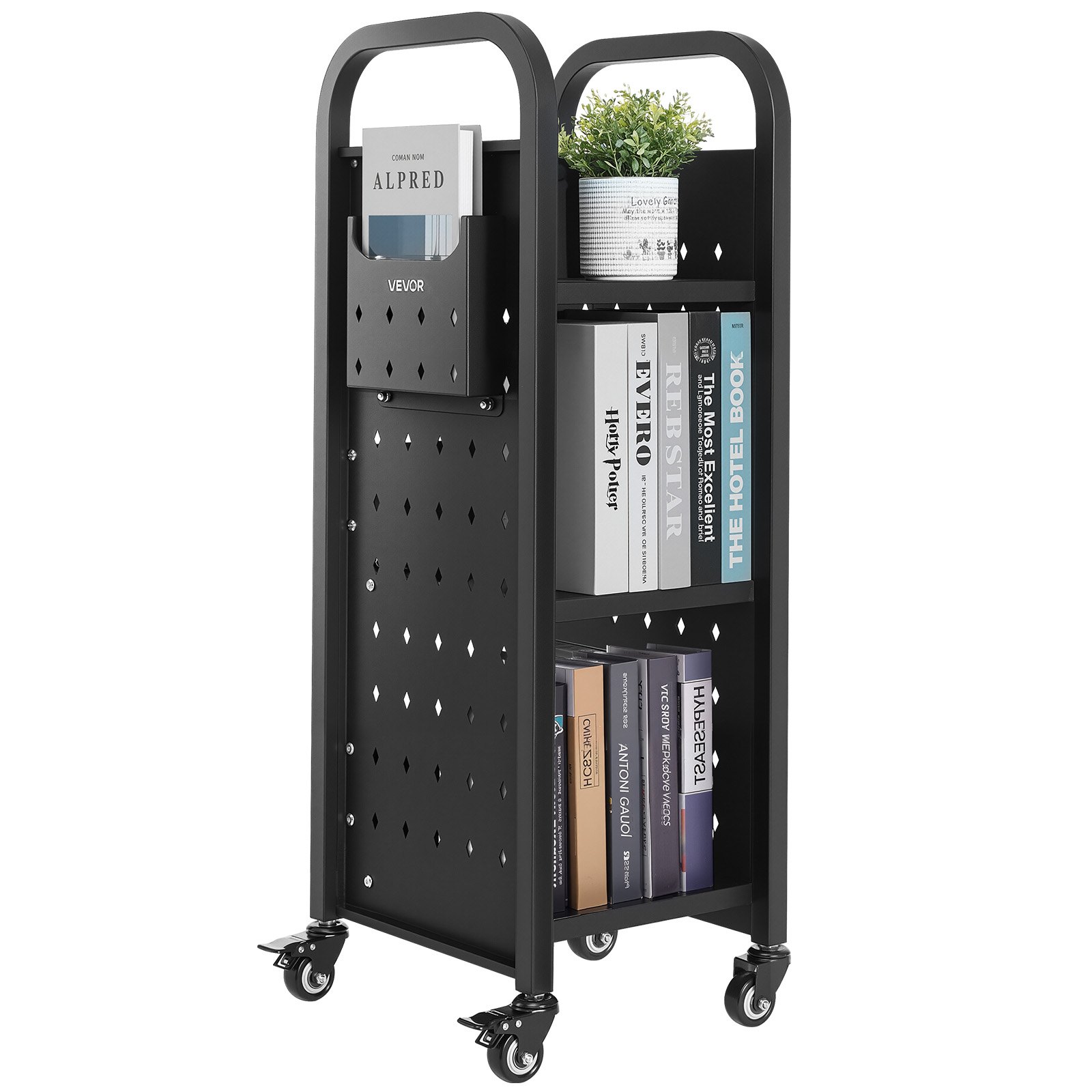 Wózek biblioteczny VEVOR, udźwig 100 kg, 32 x 35 x 93,5 cm, jednostronny regał w kształcie litery L z kółkami z podwójnym hamulcem, regał do salonu, biura, szkoły, czarny