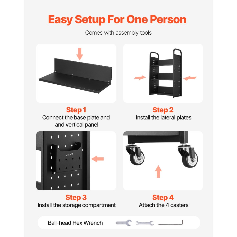 Wózek biblioteczny VEVOR, udźwig 150 kg, 77 x 38 x 122 cm, jednostronny regał w kształcie litery L z kółkami z podwójnym hamulcem, regał do salonu, biura, szkoły, czarny